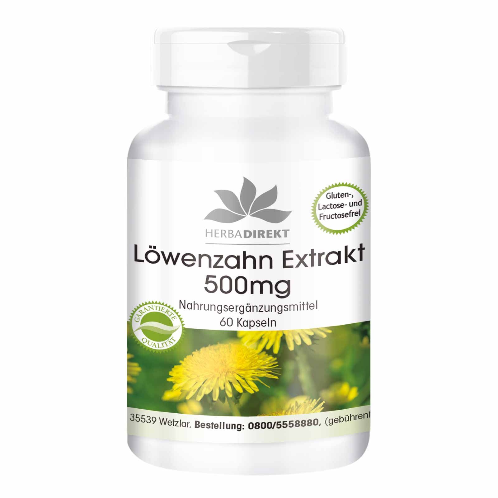 Weiße Flasche mit Kapseln. Aufschrift: Löwenzahn Extrakt 500mg. Logo: Herbadirekt. Gluten-, laktose- und fructosefrei. 60 Kapseln.