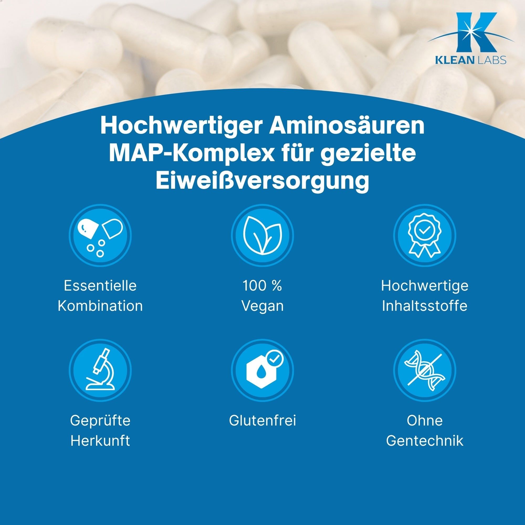 Flasche Klean Labs Aminosäuren MAP-Komplex mit Icons für vegan, glutenfrei.