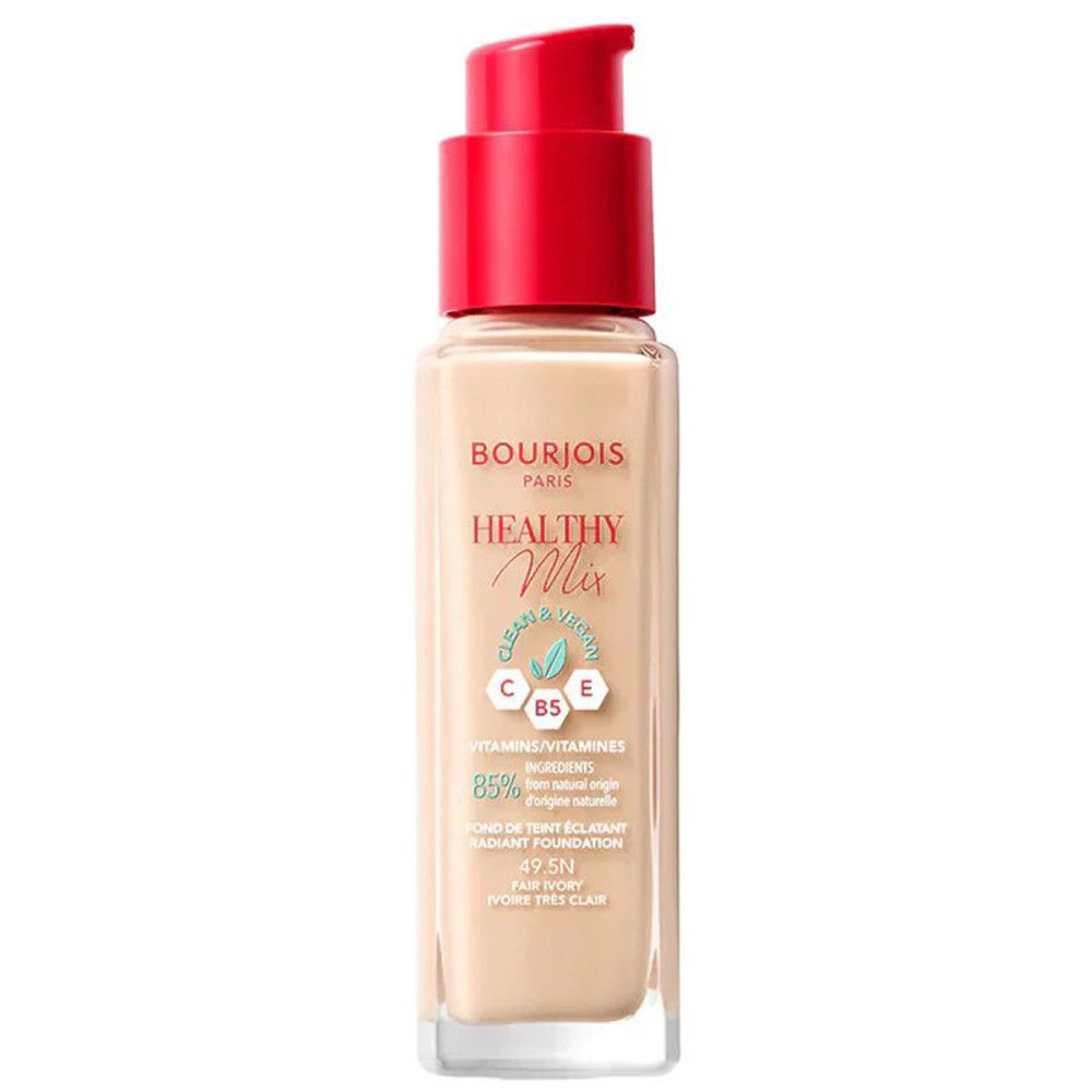 Bourjois Healthy Mix Foundation-Flakon. Beige Flüssigkeit, roter Pumpverschluss. Text auf Etikett.