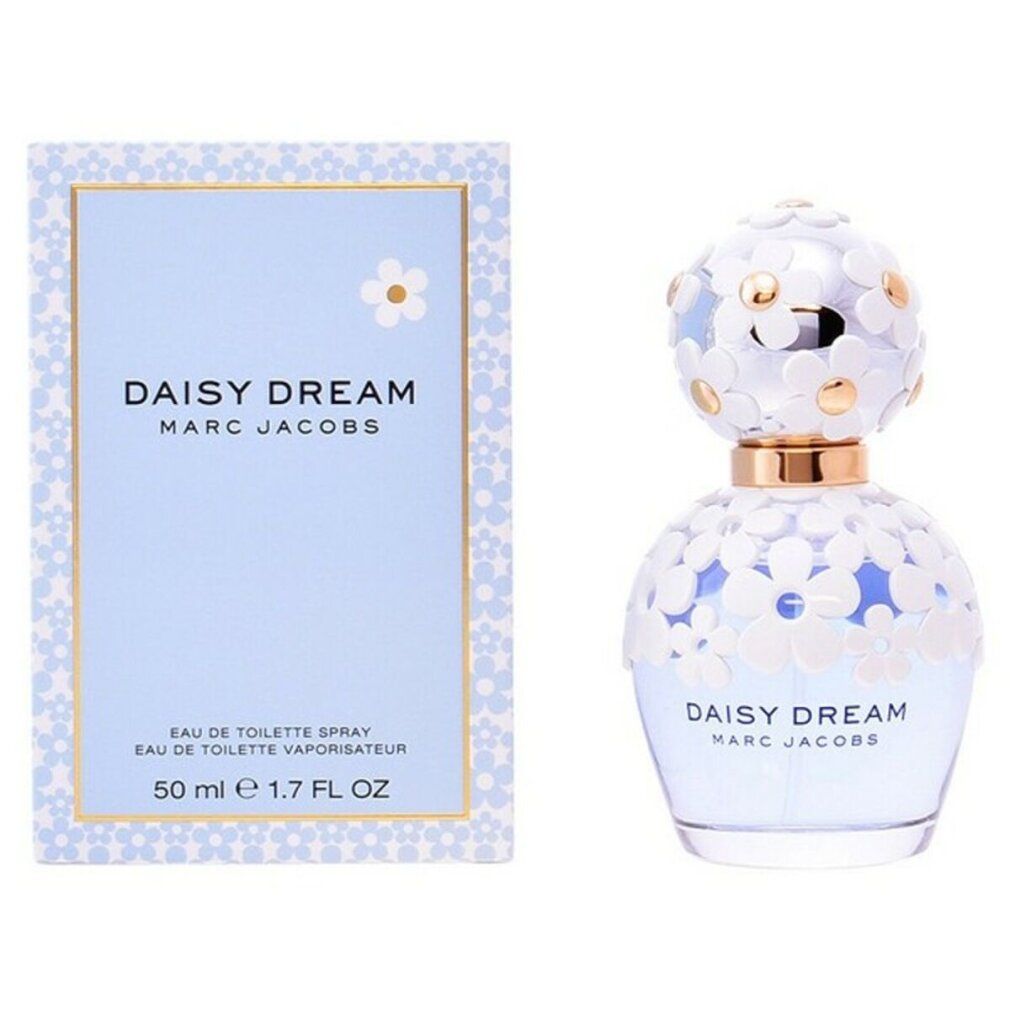 Flakon und Schachtel. Flakon rund, silberner Deckel, weiße Blüten. Schachtel hellblau, Aufschrift: DAISY DREAM MARC JACOBS.