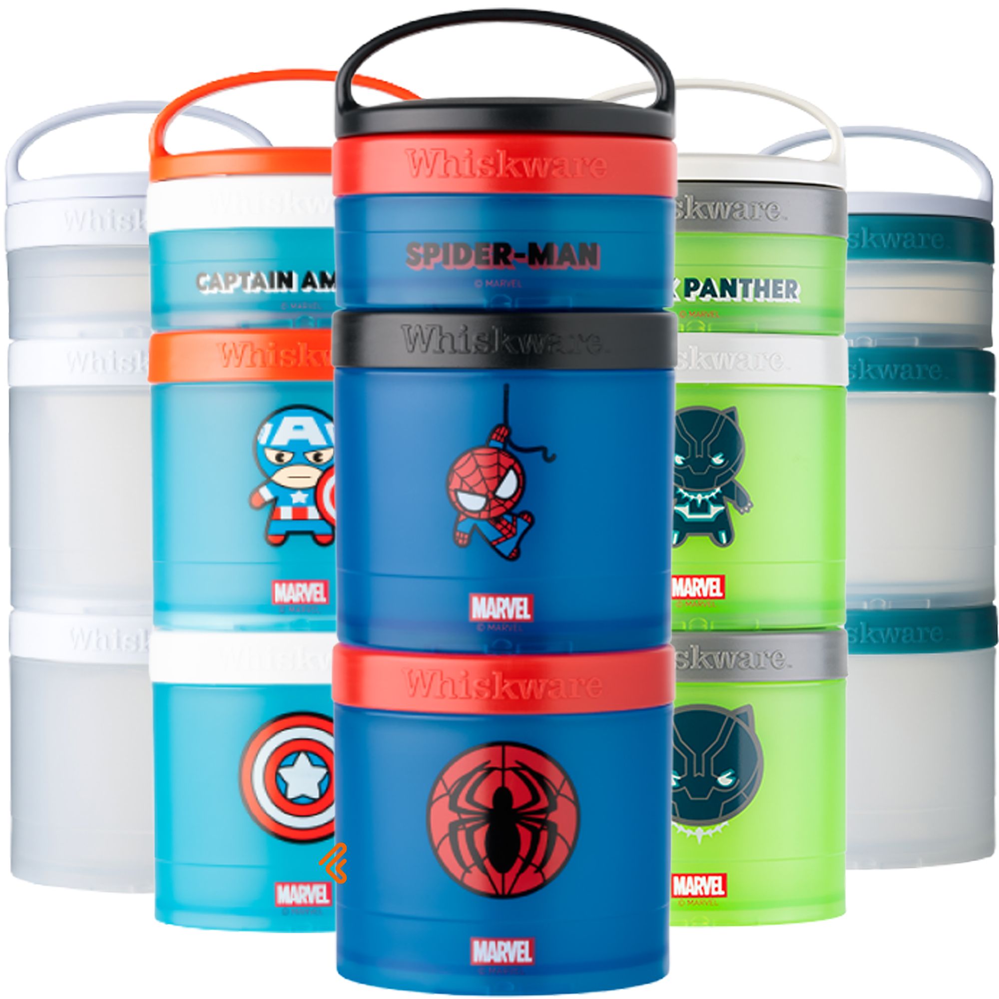 Mehrere Snackbehälter mit Griff. Verschiedene Farben und Marvel-Charaktere. "Whiskware"-Schriftzug. Abnehmbarer Griff.
