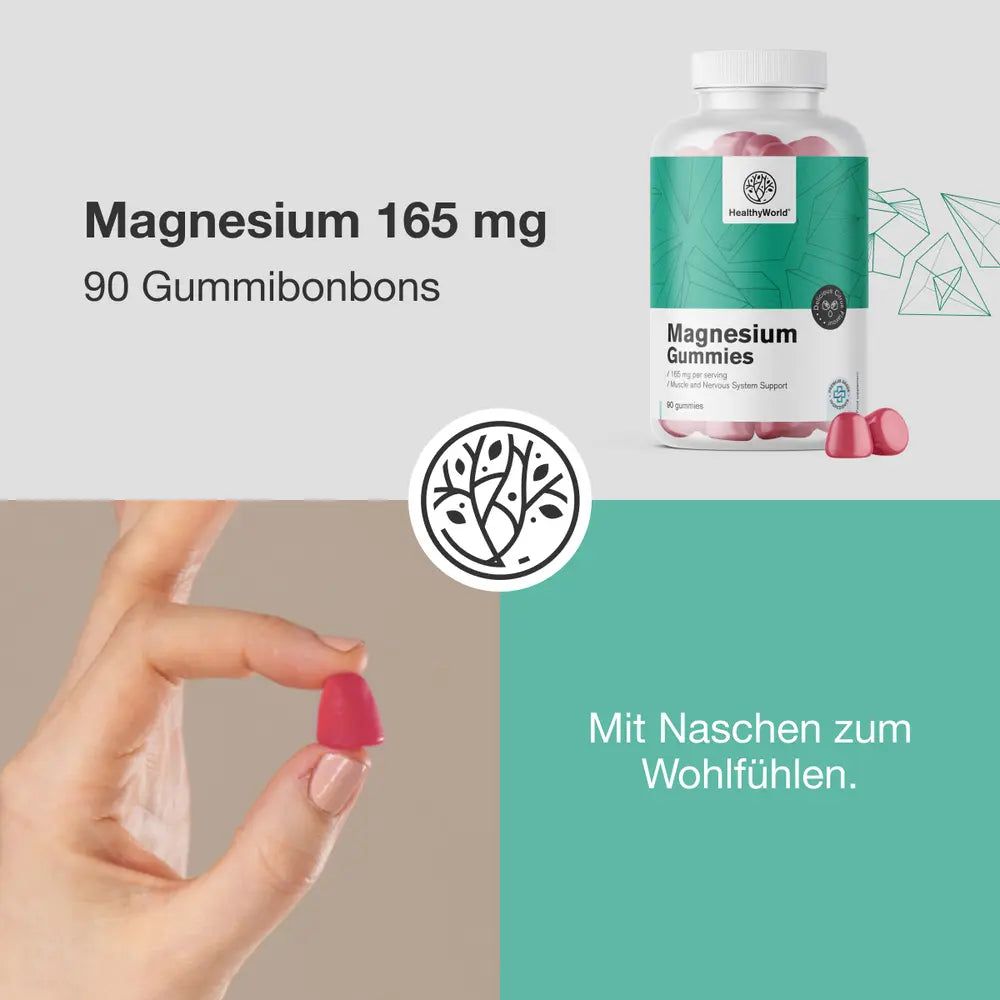 Hand hält rotes Gummibärchen. Flasche Magnesium Gummies daneben. Text: Magnesium 165 mg, 90 Gummibonbons.