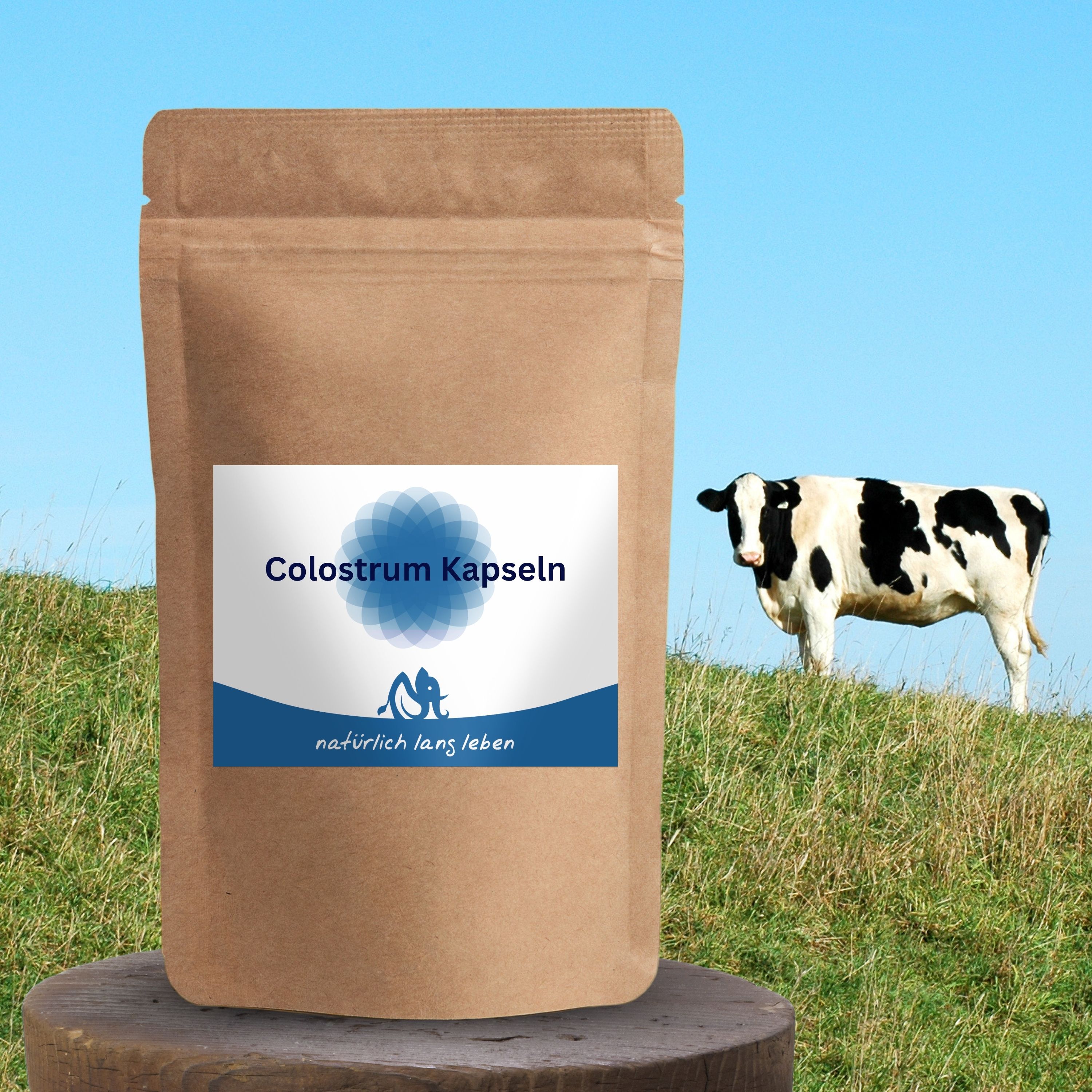 Braune Tüte mit Etikett, vor einer Kuh auf einer Wiese. Auf dem Etikett steht "Colostrum Kapseln" und "natürlich lang leben".