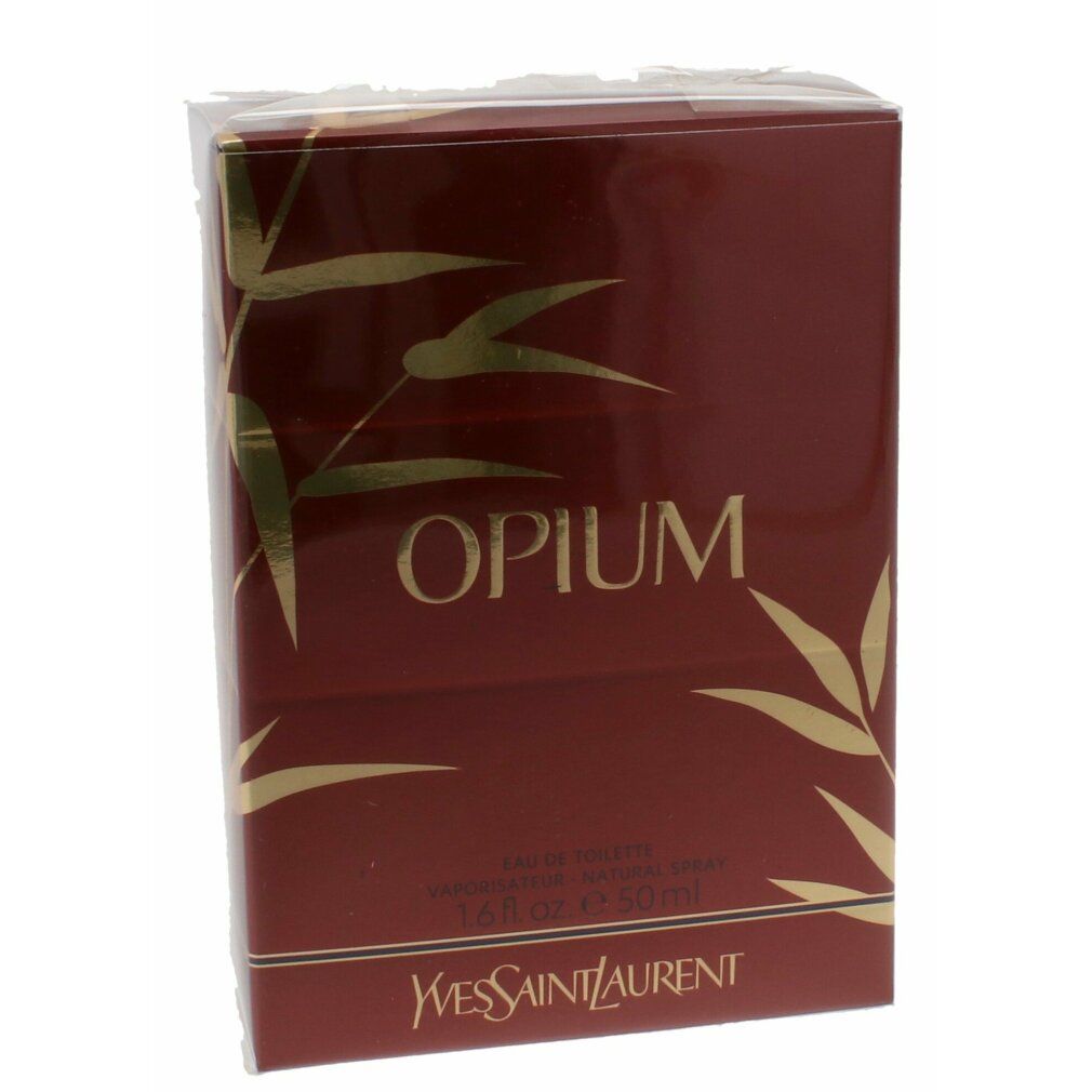 Rote Verpackung mit goldfarbenen Bambusmotiven. Auf der Verpackung steht "OPIUM" und "Yves Saint Laurent".