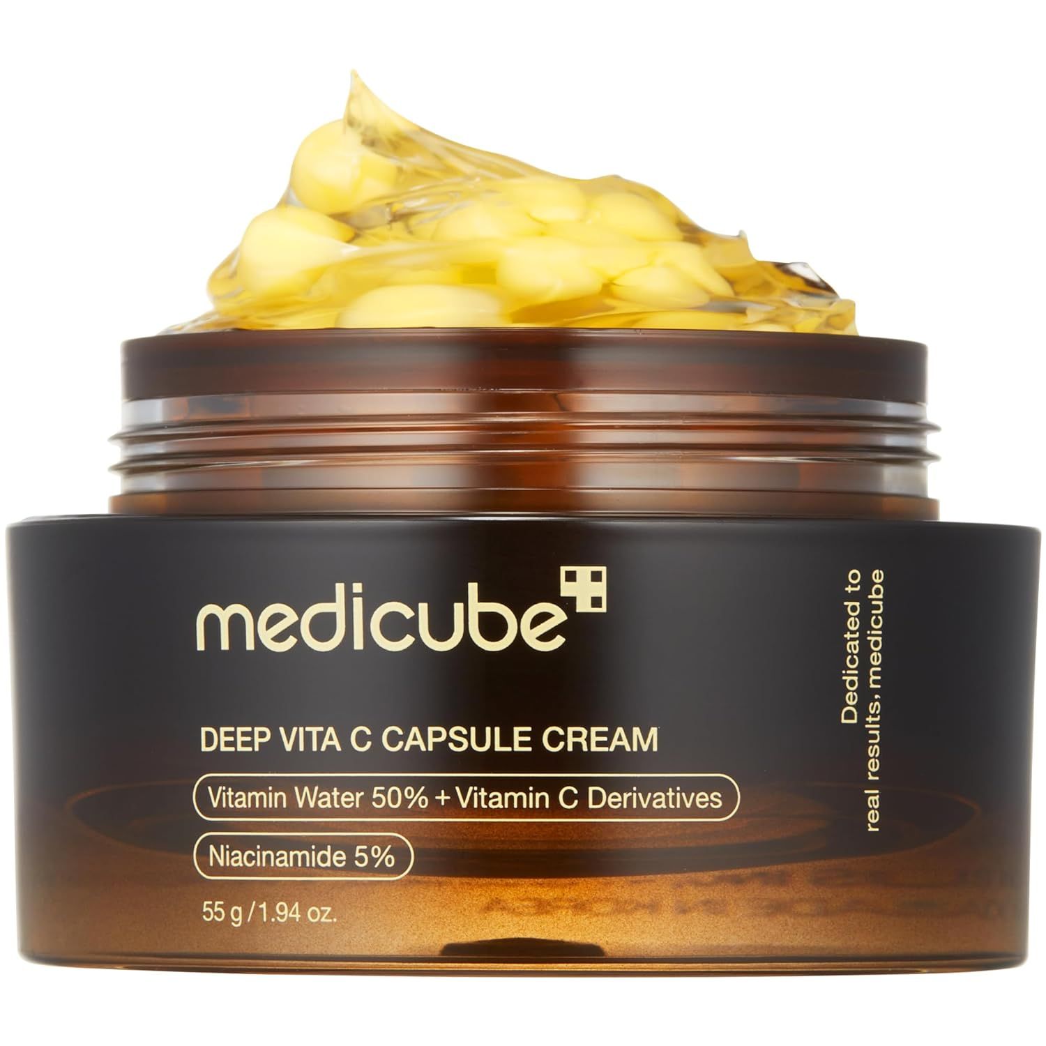 Braune Tiegel mit gelber Creme und Kapseln. Aufschrift: Medicube, Deep Vita C Capsule Cream, Vitamin Water 50% + Vitamin C Derivatives.