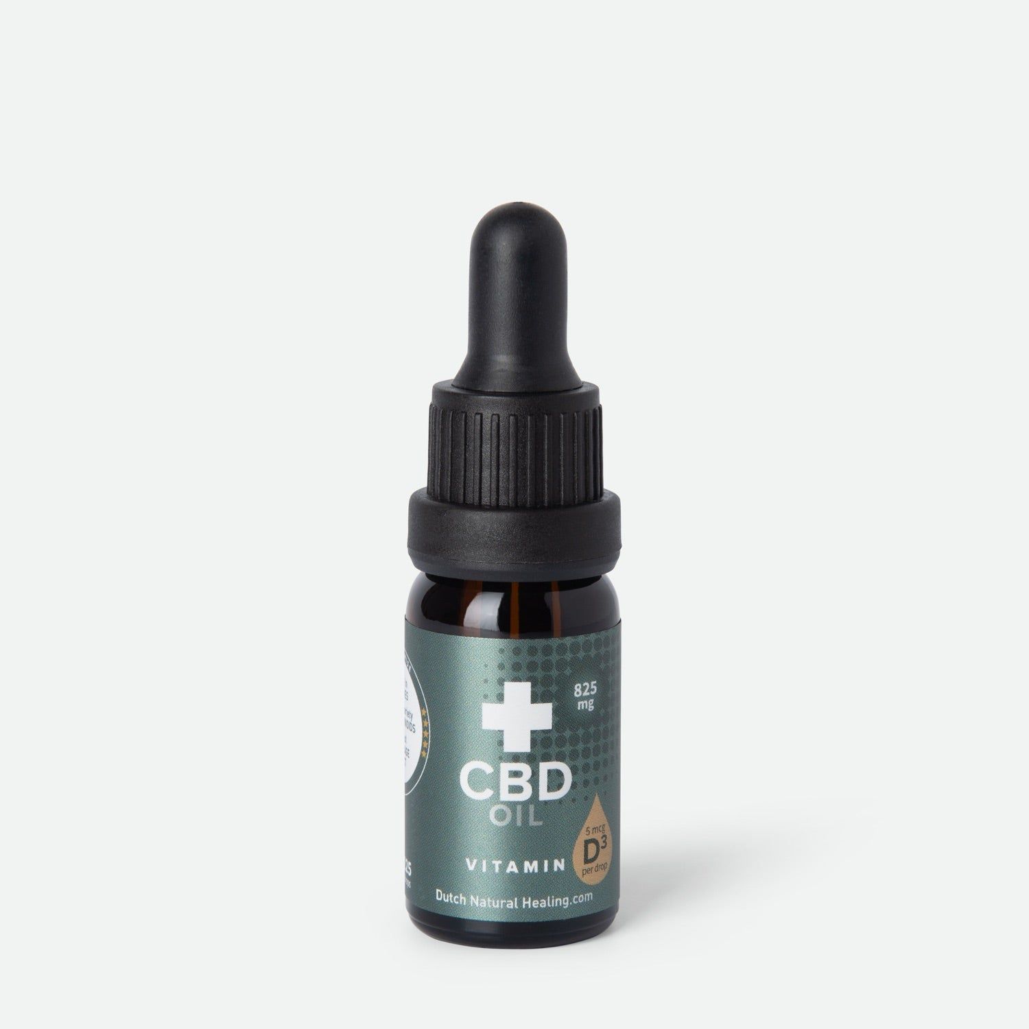 Braune Glasflasche mit schwarzem Tropfer. Etikett mit CBD Öl, Vitamin D3 und Kreuzsymbol. Dutch Natural Healing.