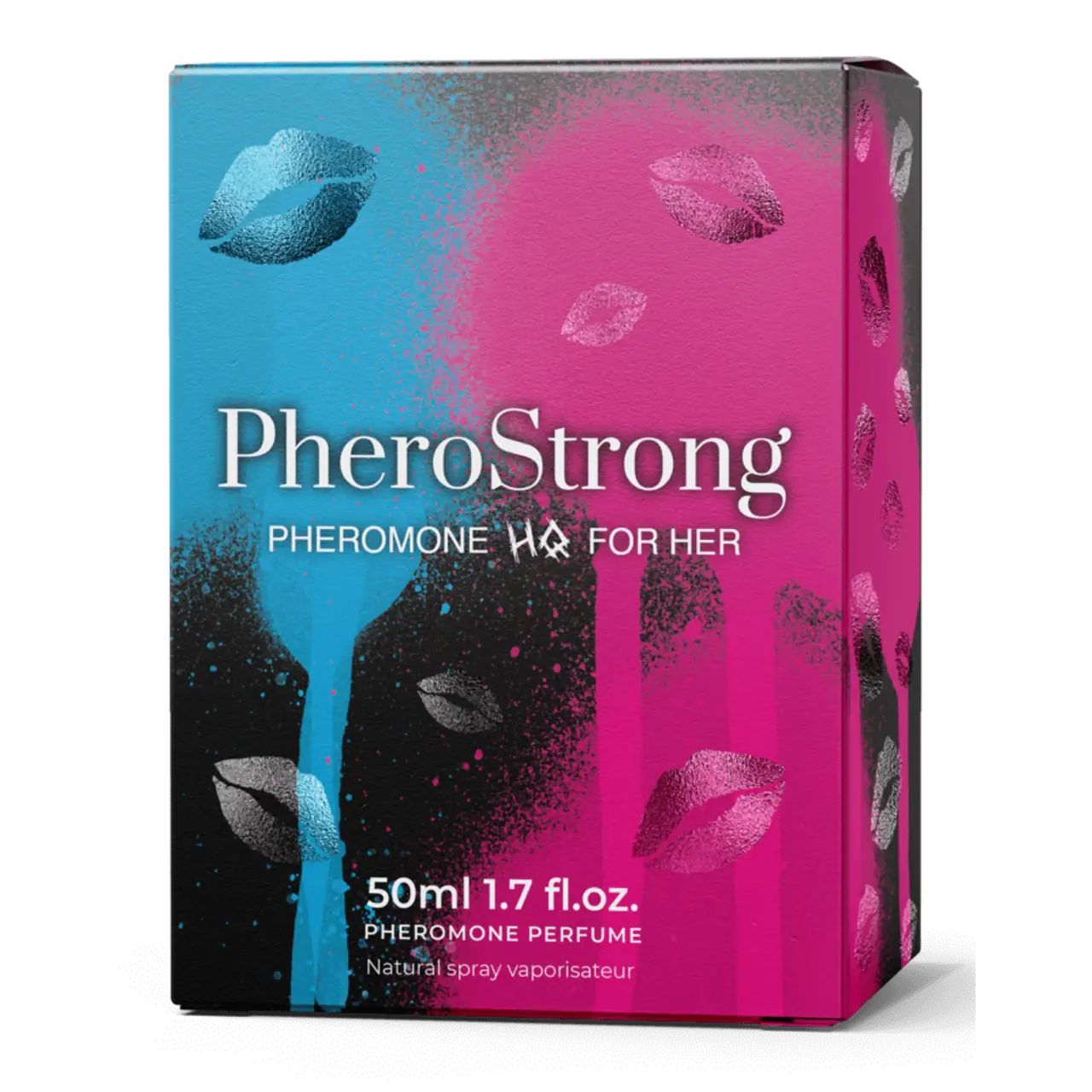 Karton mit PheroStrong Pheromone HQ Für Sie. Blau-rosa Farbverlauf mit Lippen-Motiven. Produktname und Volumenangabe.