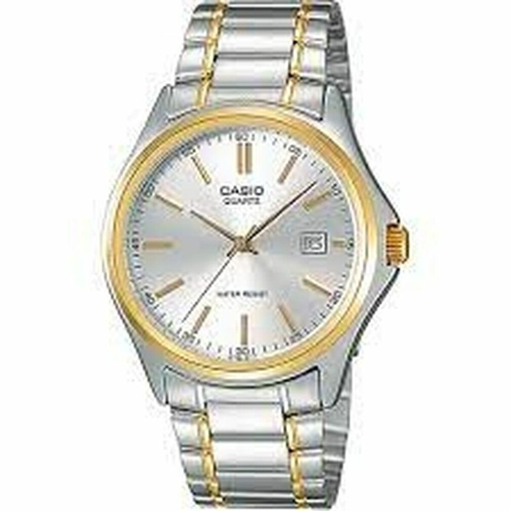 Armbanduhr mit silbernem Zifferblatt, goldenem Rand und silber-goldfarbenem Armband. Datumsanzeige bei 3 Uhr.