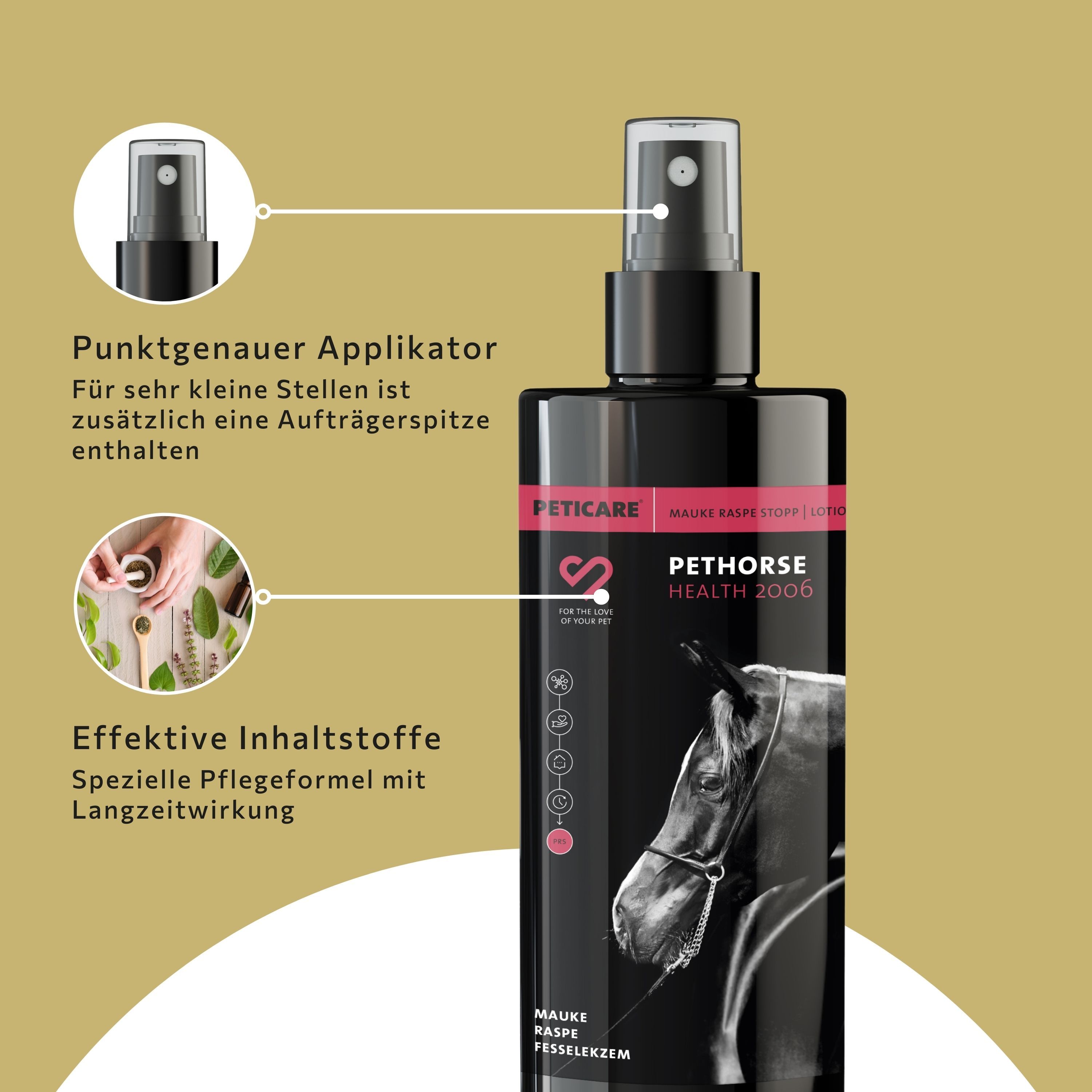 Peticare-Produktflasche mit Sprühkopf. Nahaufnahme des Sprühkopfes. Text: Punktgenauer Applikator. Effektive Inhaltsstoffe.