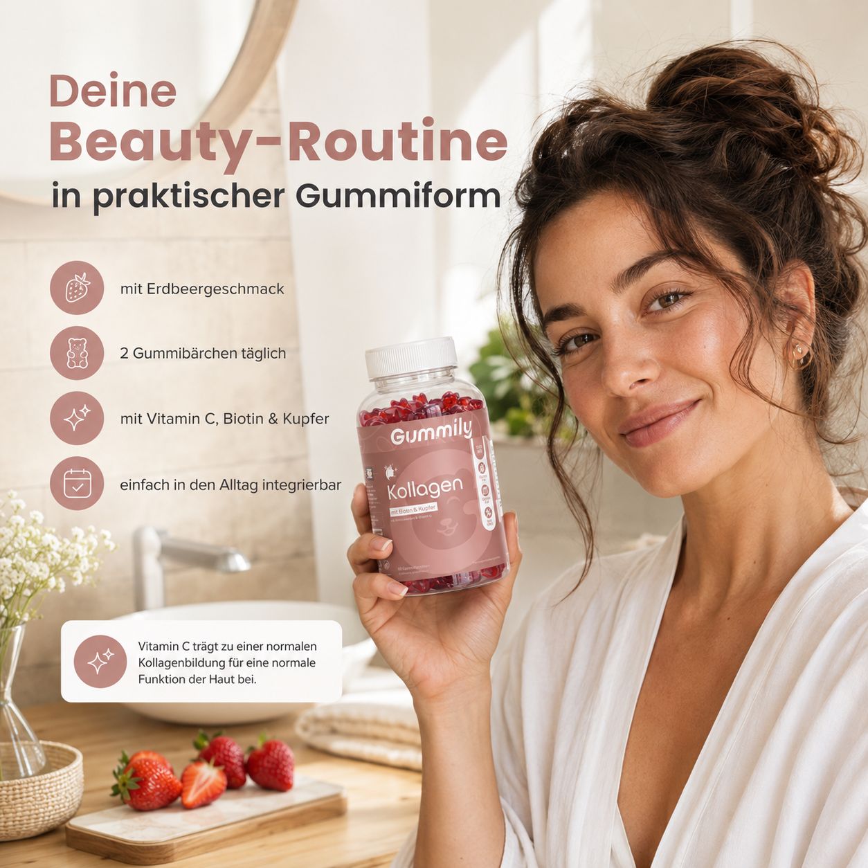 Frau hält Gummily Kollagen Flasche, neben Erdbeeren, mit Hinweisen zur Beauty-Routine.
