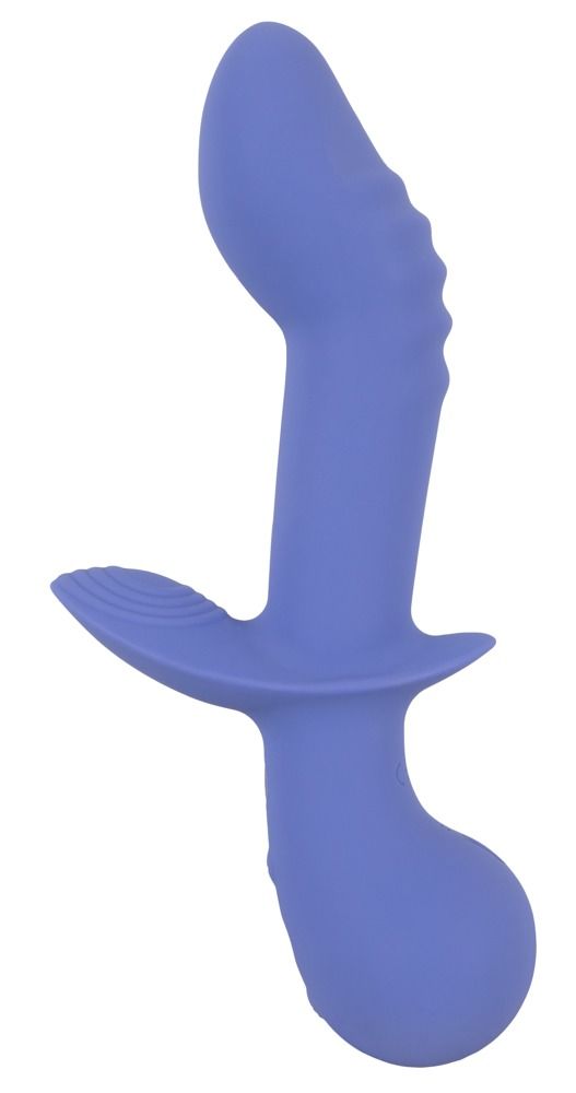 Lila Vibrator mit Klitorisstimulator. Ergonomische Form mit geriffelter Oberfläche.