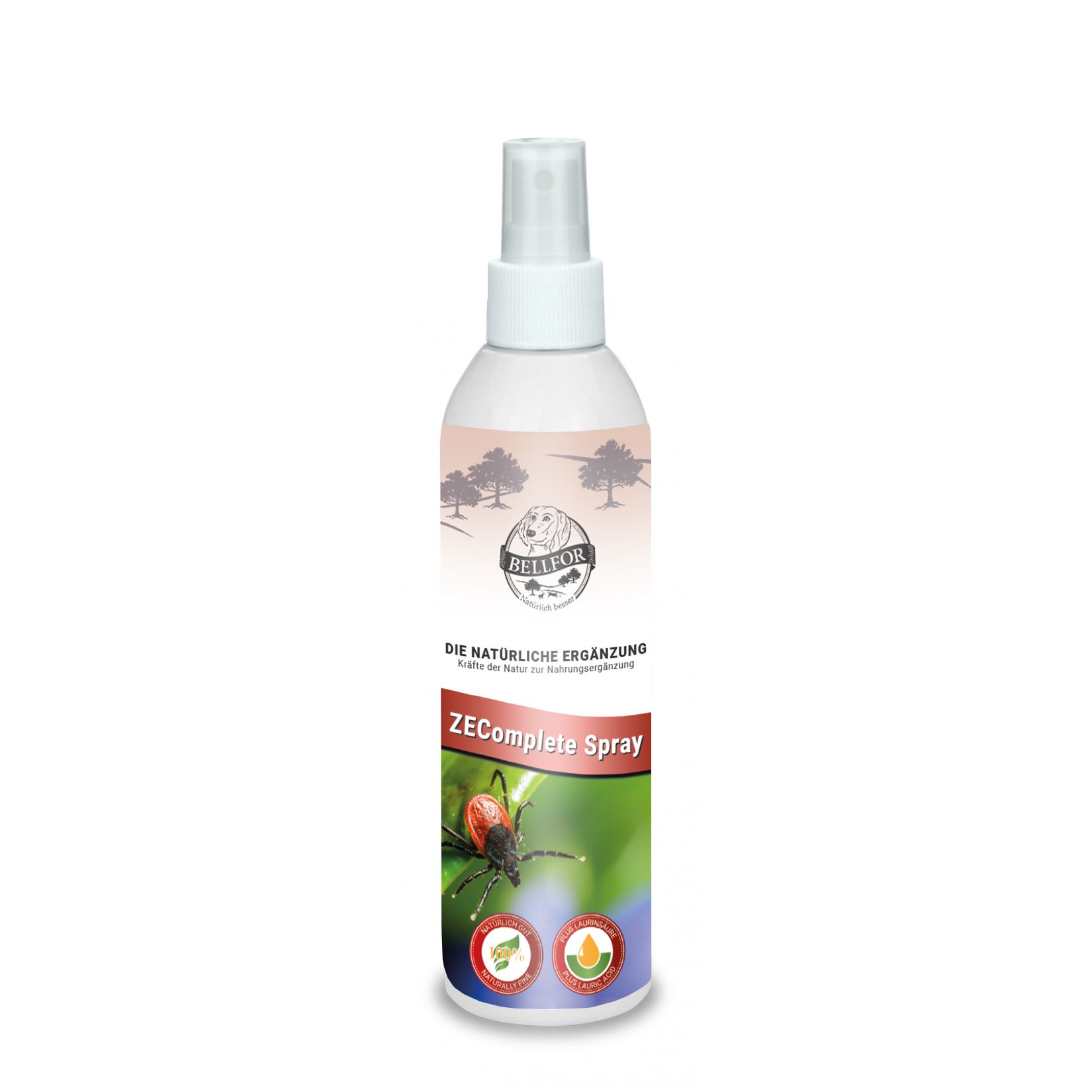 Weiße Sprühflasche mit rotem und grünem Etikett. Aufschrift: ZEComplete Spray. Logo mit Hund und Bäumen.