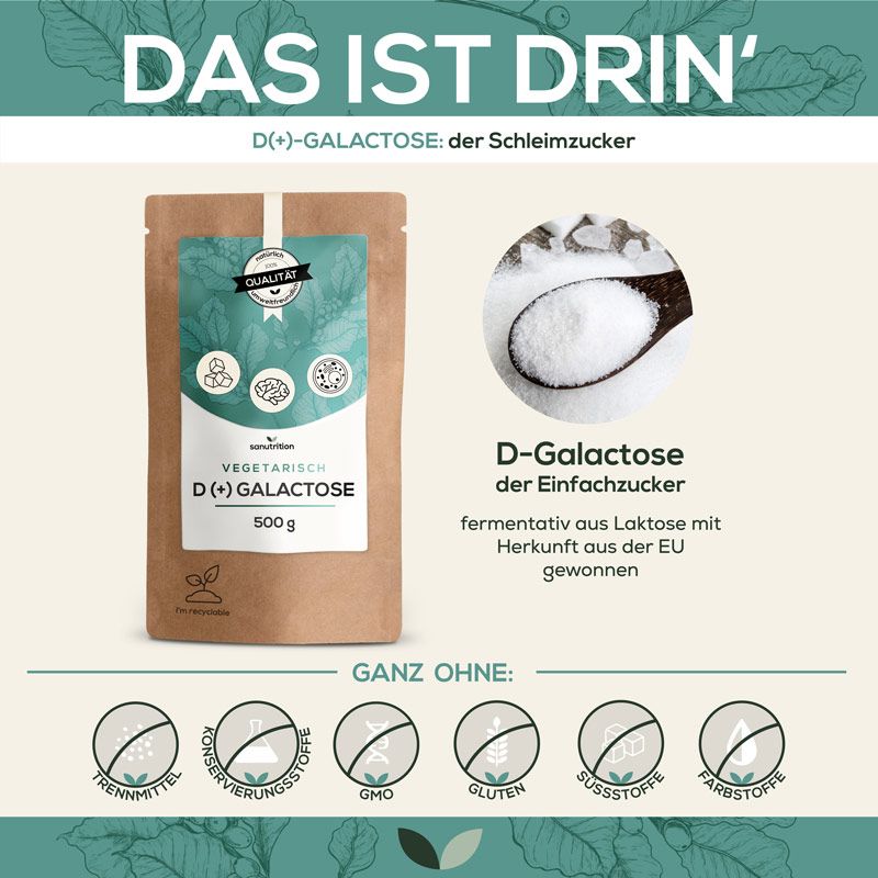 Braune Tüte mit weißem Etikett. Aufschrift: Sanutrition, vegetarisch, D(+) Galactose, 500g. Siegel: 100% Qualität. Daneben: Löffel mit Pulver.