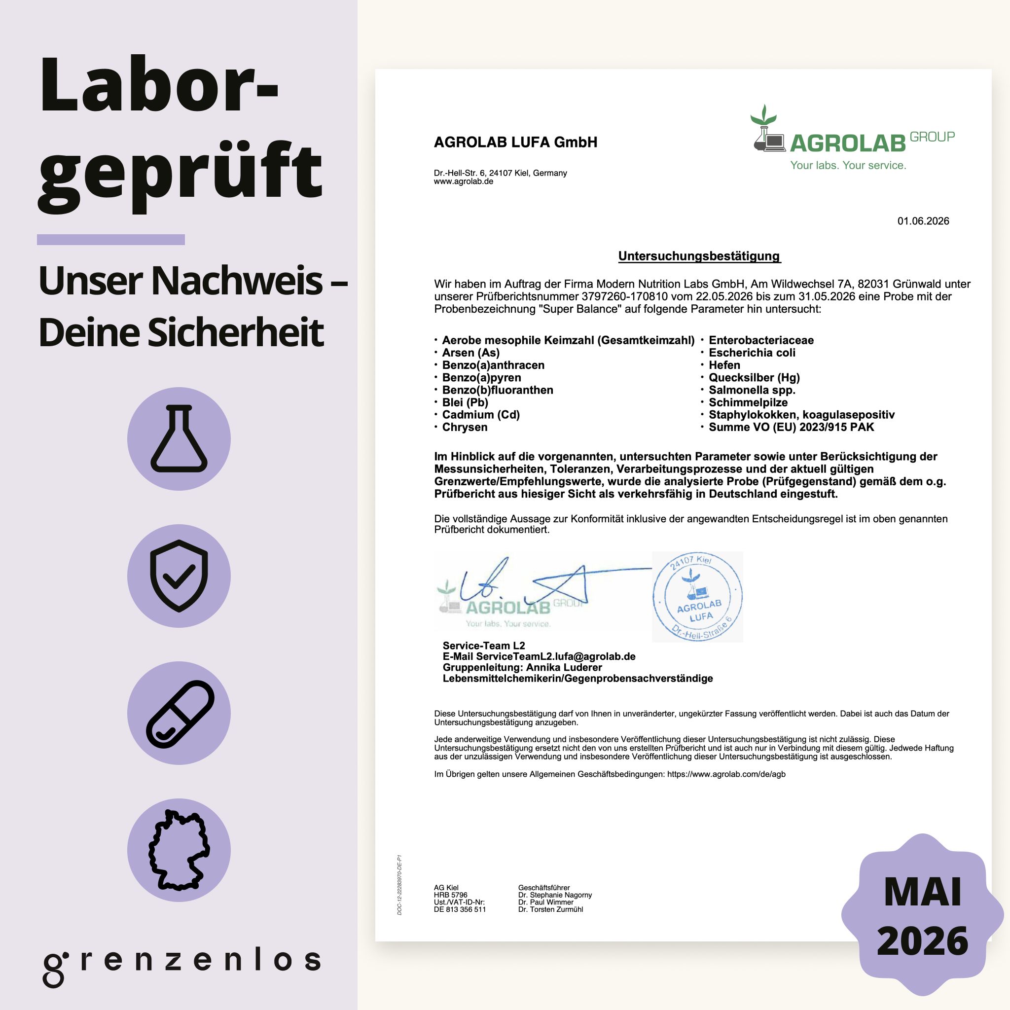 Laborbericht zur Prüfung von Super Balance mit Prüfsiegel und Datum Mai 2026.