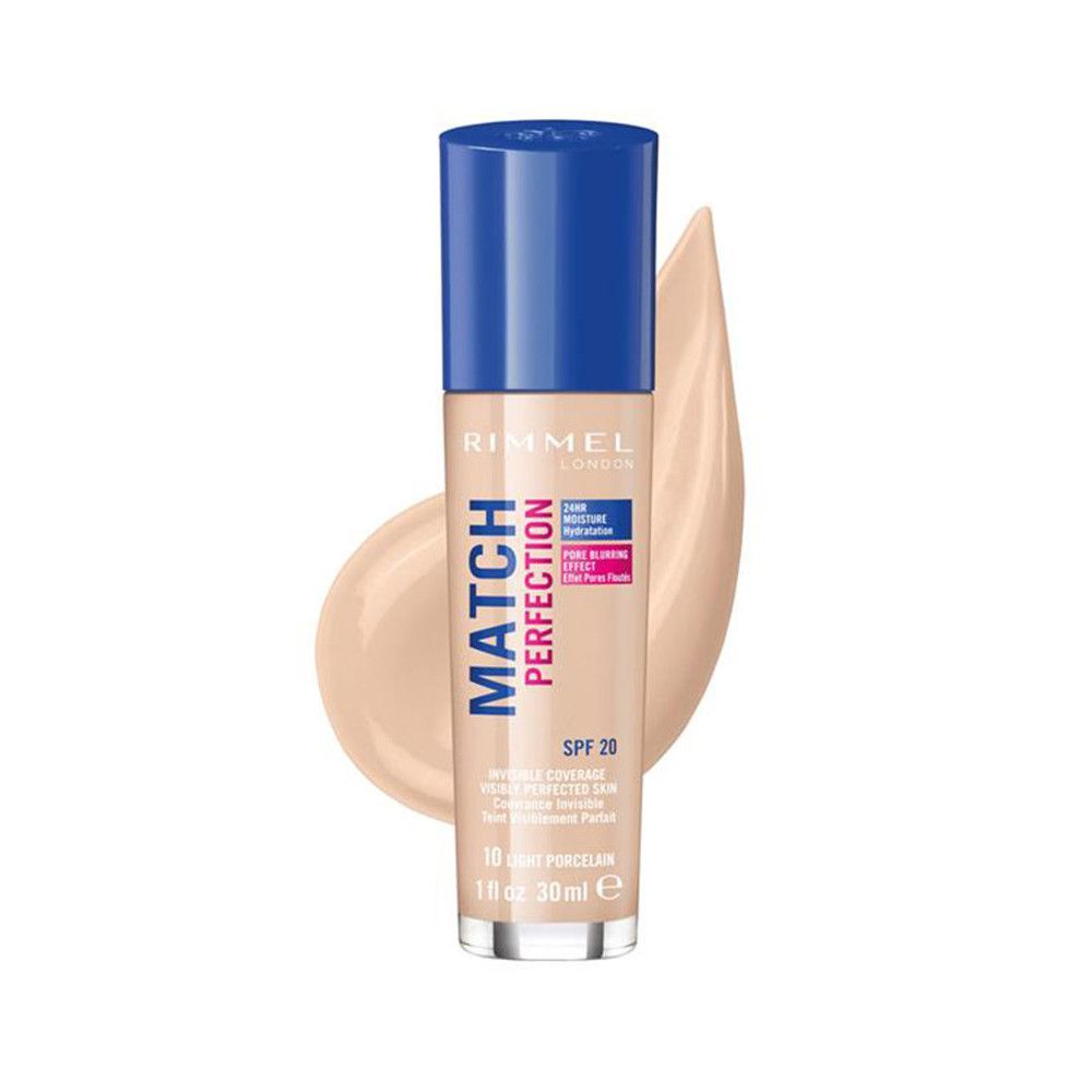 Rimmel Match Perfection Foundation. Flasche mit blauem Deckel. Farbklecks daneben. Text: SPF 20, 010 Light Porcelain. 30 ml.