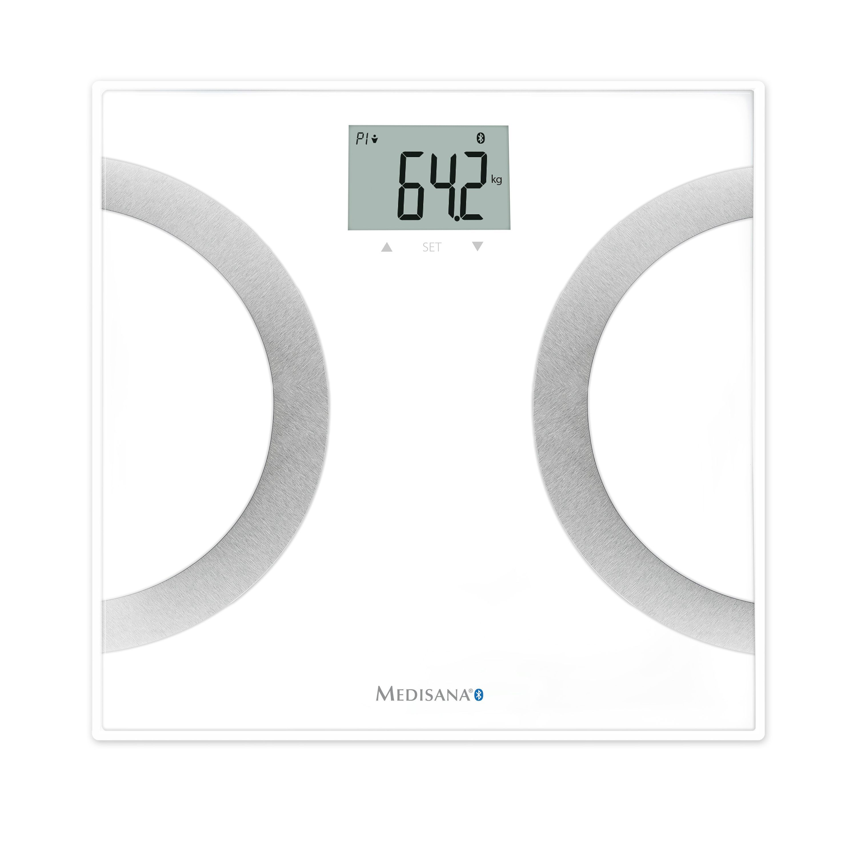 Körperanalysewaage, weiß, mit digitaler Anzeige. Zeigt 64,2 kg an. Graue, halbkreisförmige Elemente. Marke: Medisana.