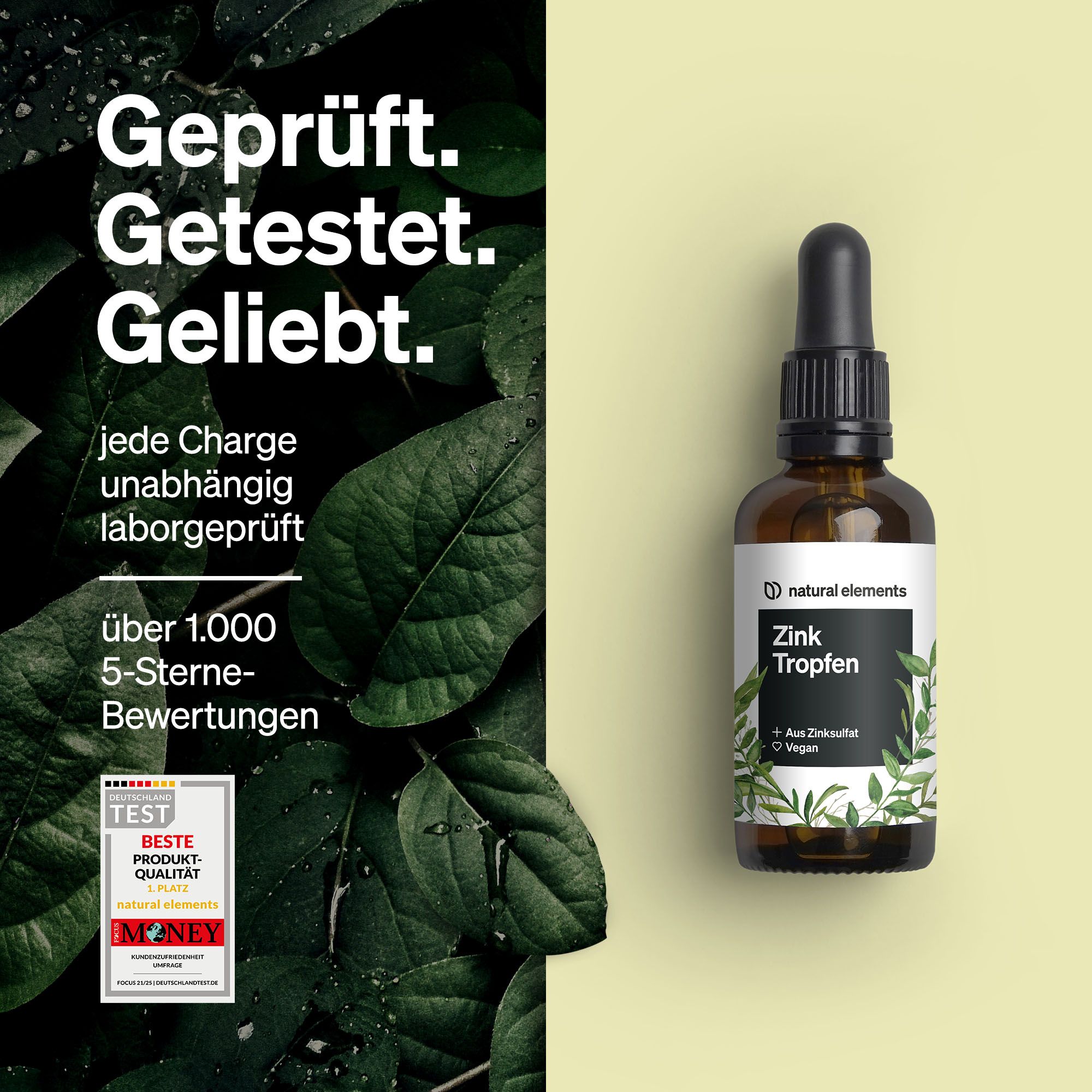 Braune Flasche mit Pipette, umgeben von Blättern. Text: "Geprüft. Getestet. Geliebt." und Logo "natural elements".