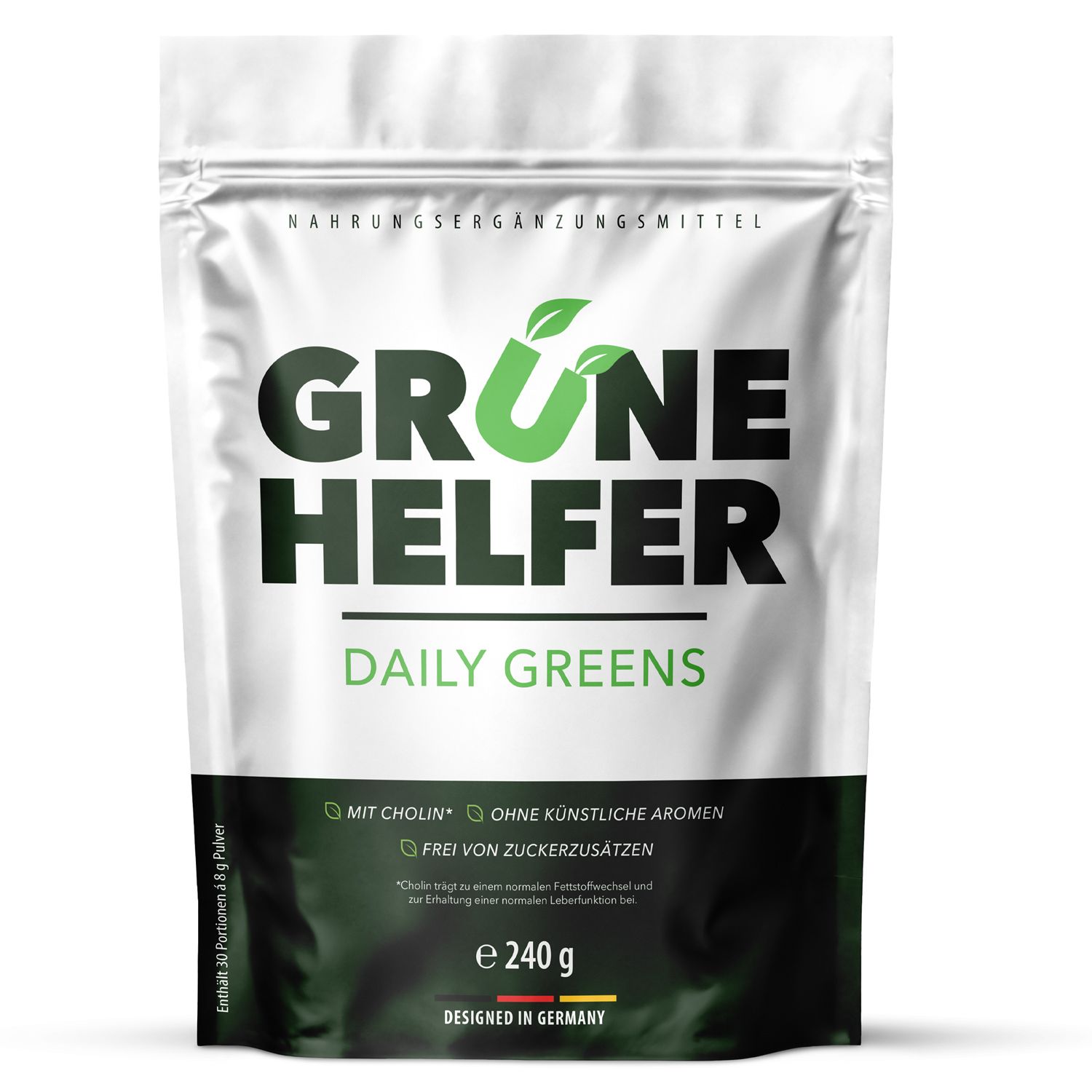 Silberfarbene Beutel mit grünem Logo und Schriftzug. Enthält Nahrungsergänzungsmittel. Text: "Daily Greens", "e 240 g", "Ohne Zuckerzusätze".