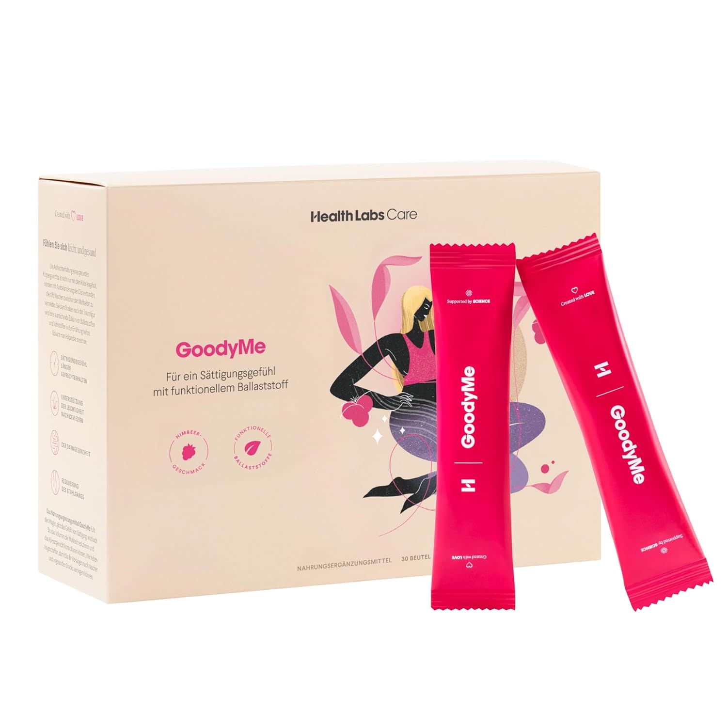 Box mit zwei roten GoodyMe-Beuteln. Text: Health Labs Care, GoodyMe, Für ein Sättigungsgefühl mit funktionellen Ballaststoffen.