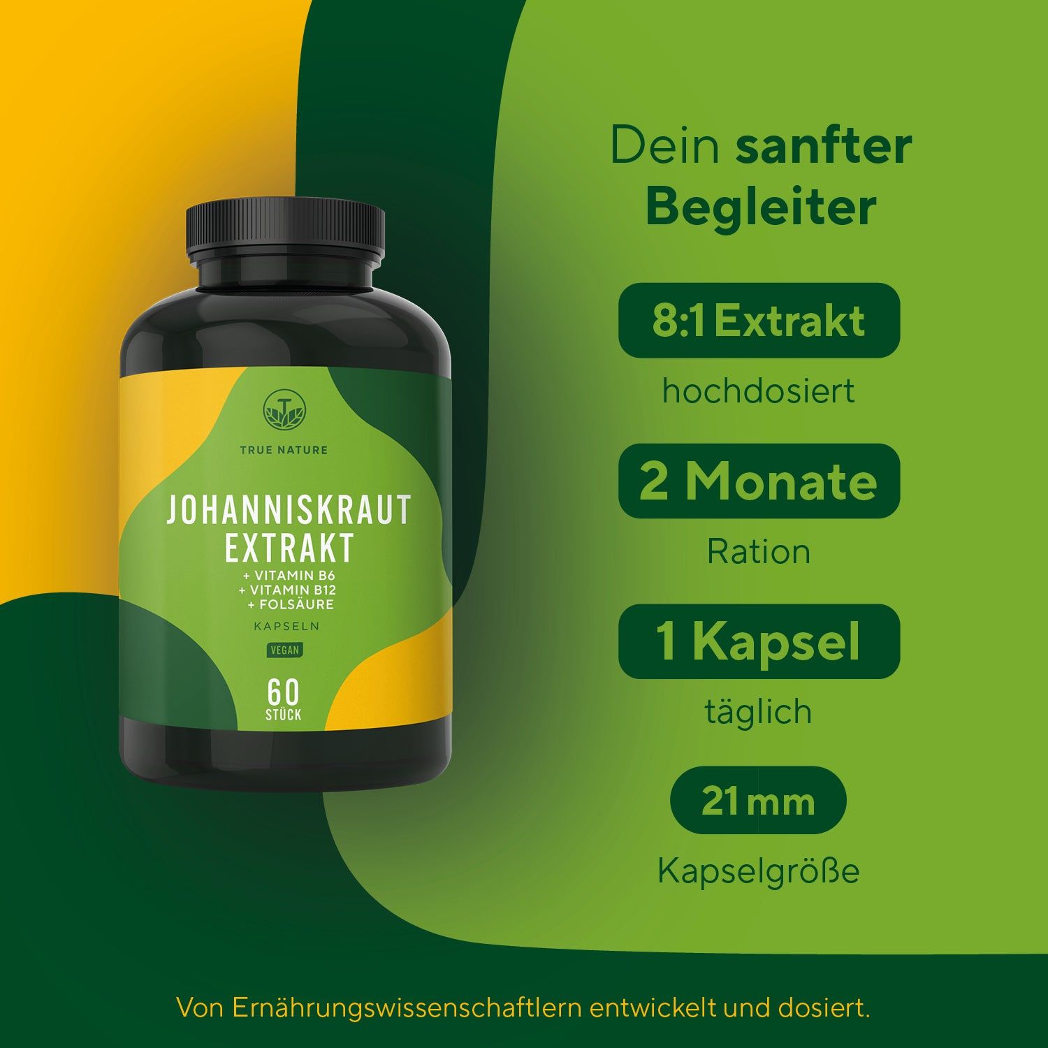 Grüner Hintergrund mit Text und Produktabbildung. Text: 8:1 Extrakt, 2 Monate Ration, 1 Kapsel täglich, 21 mm Kapselgröße. Von Ernährungswissenschaftlern entwickelt.
