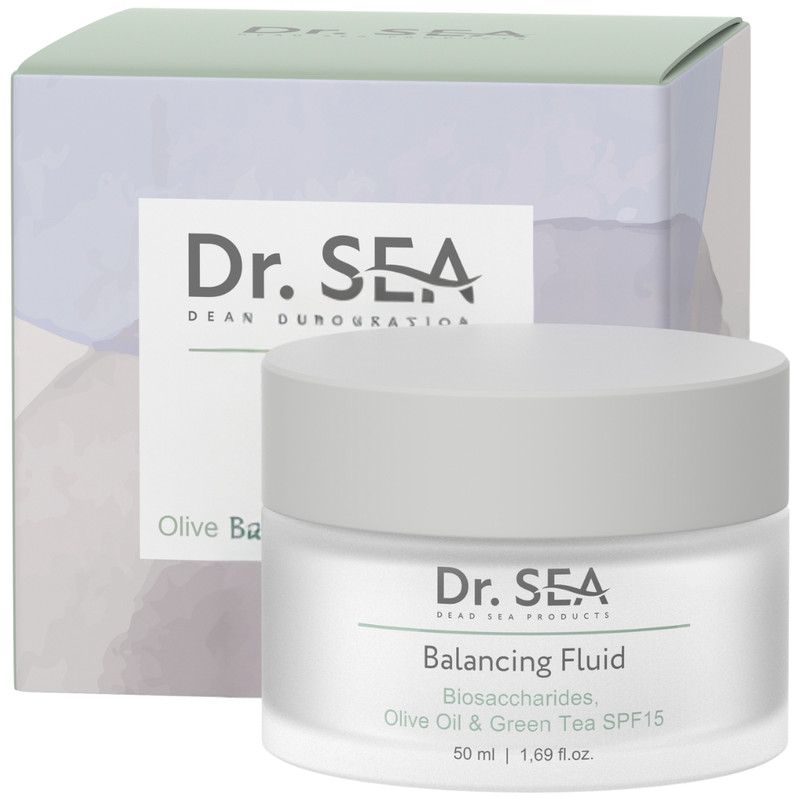 Creme-Tiegel mit Deckel und Verpackung. Aufschrift: Dr. SEA, Balancing Fluid, SPF15. 50 ml.