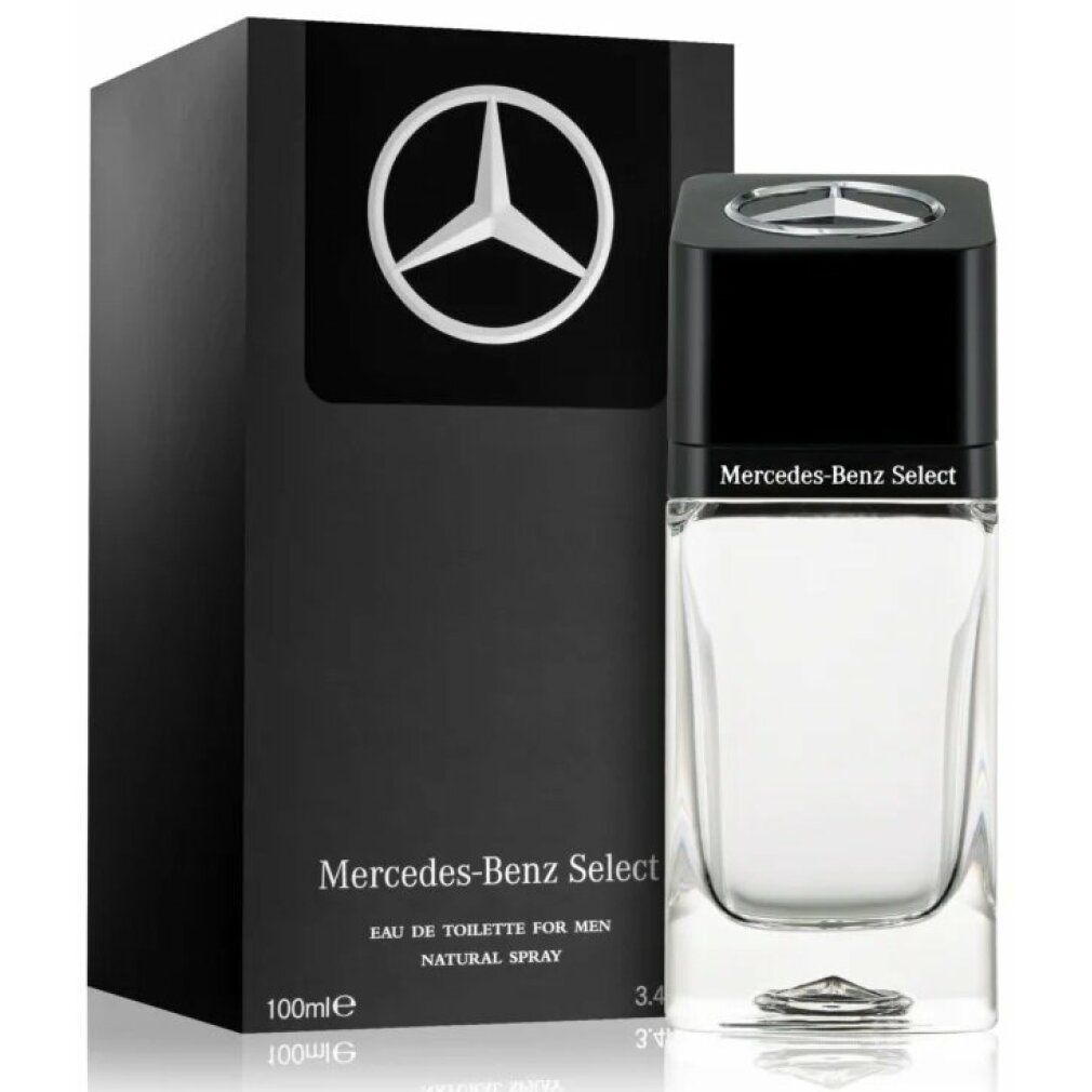 Glasflakon und schwarze Verpackung. Mercedes-Benz Logo und Schriftzug Mercedes-Benz Select. 100ml, Natural Spray. Rechteckige Form.