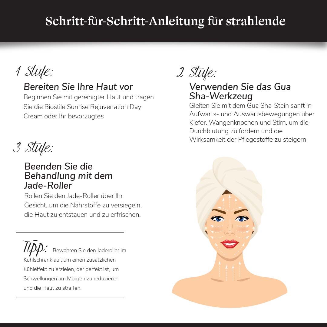 Schritt-für-Schritt-Anleitung für die Anwendung eines Jade-Rollers und Gua Sha Steins.