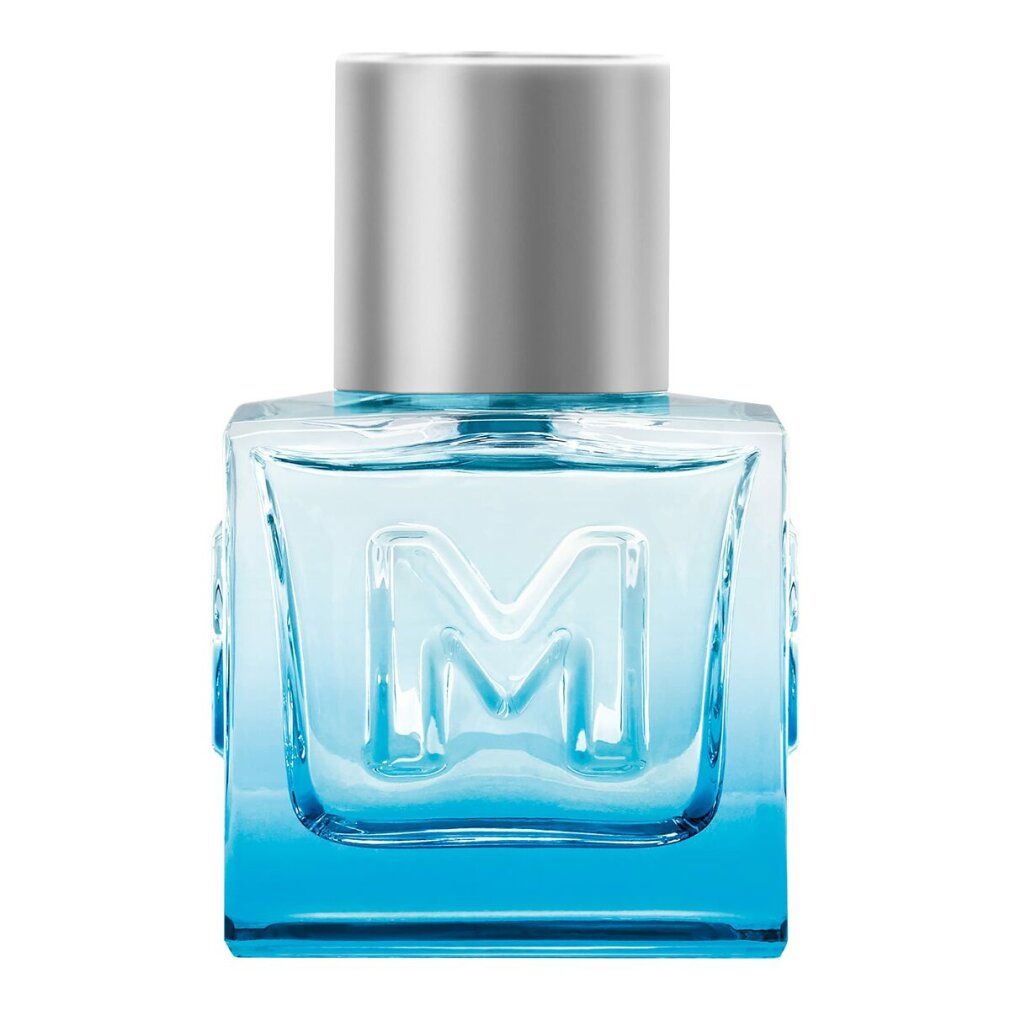 Hellblauer Flakon mit silbernem Verschluss. Geprägtes 'M' auf der Vorderseite. Quadratische Form. Glasflakon.