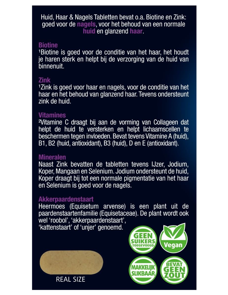 Informationen zu Inhaltsstoffen wie Biotin, Zink und Vitaminen für Haut, Haar und Nägel.