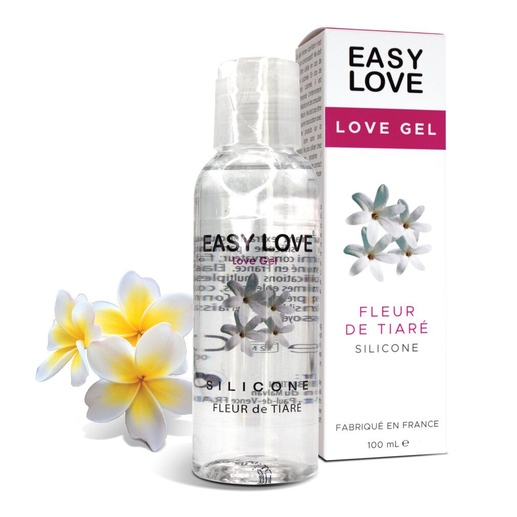 Flasche und Karton mit Produktnamen. Aufschrift: EASY LOVE LOVE GEL. Auf der Flasche: SILICONE FLEUR DE TIARÉ. Abgebildet: Blüten.