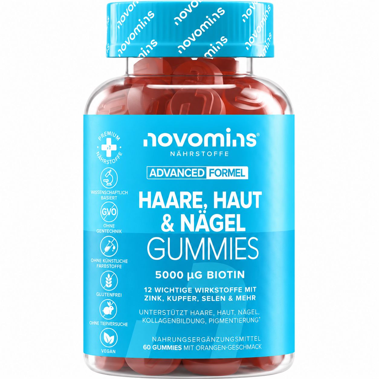 Flasche mit 60 Novomins Kollagen Gummies für Haare, Haut & Nägel.