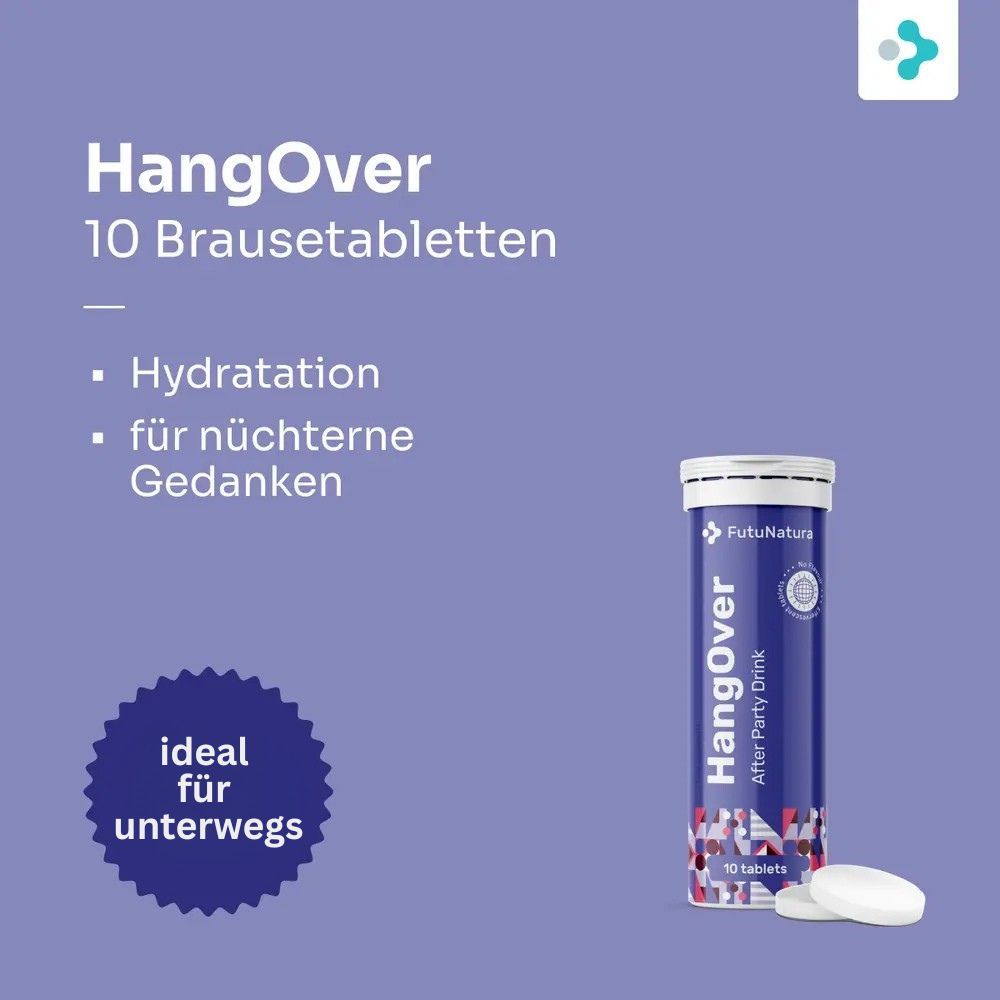 Werbung für FutuNatura HangOver. Tube und Tabletten neben Text. Text: Hydratation, für nüchterne Gedanken, ideal für unterwegs.