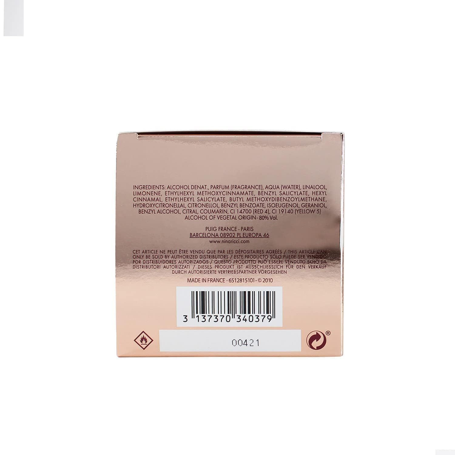 Rückseite der Verpackung. Enthält Inhaltsstoffe, Herkunftsinformationen und Barcode. Text in mehreren Sprachen.