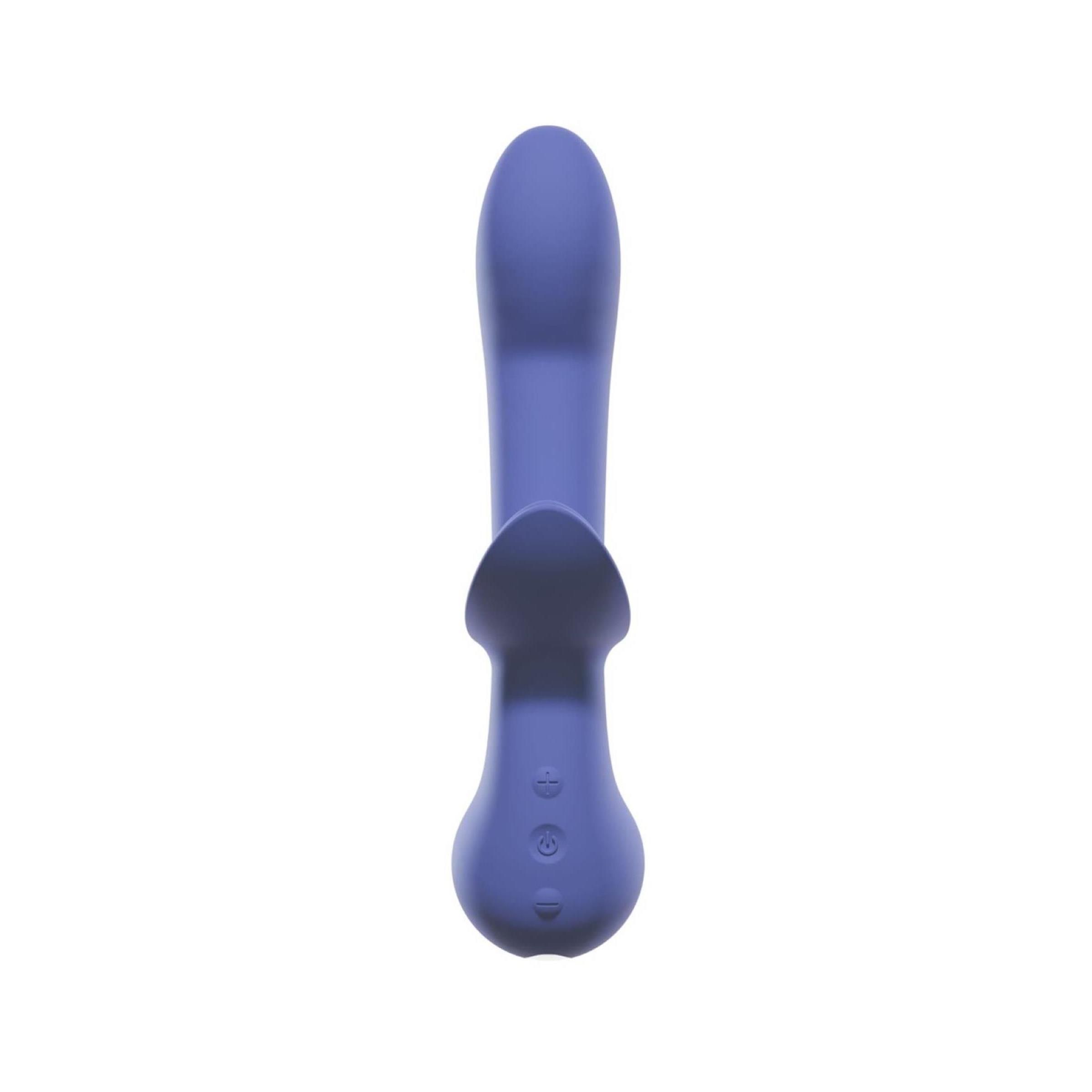 Lila Vibrator mit Klitorisstimulator. Ergonomische Form mit zwei Knöpfen.