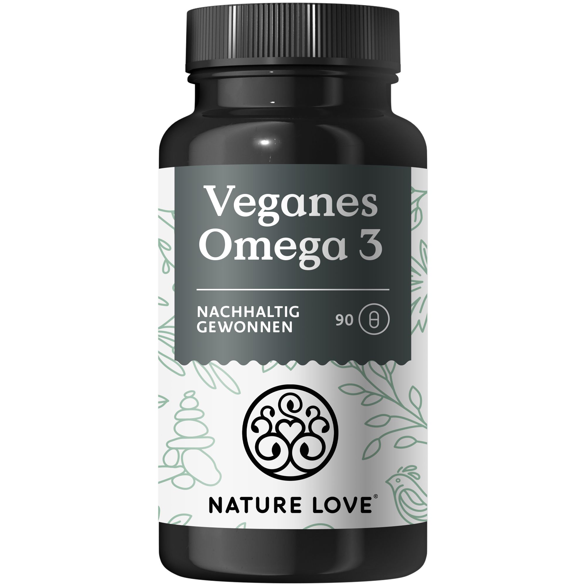 Dunkle Flasche mit Kapseln. Aufschrift: Veganes Omega 3, 90 Kapseln. Logo und Schriftzug NATURE LOVE®.
