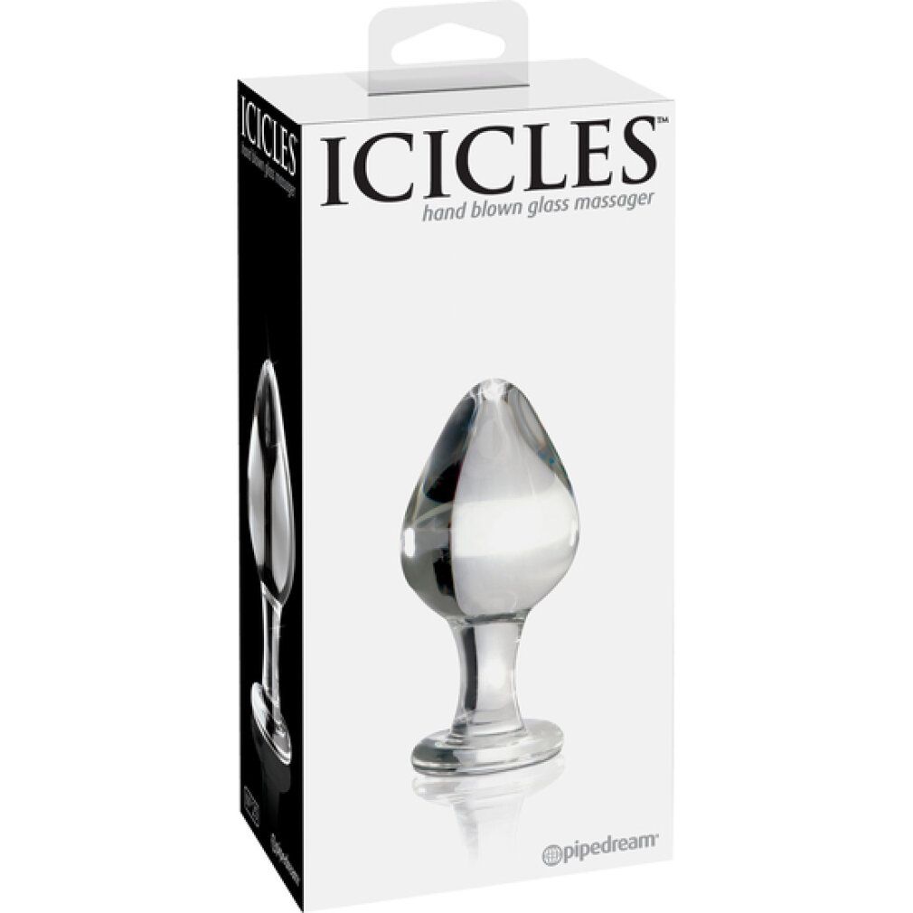 Glasplug in Verpackung. Weißer Karton mit Produktbild und Schriftzug ICICLES. Handgeblasenes Glas.