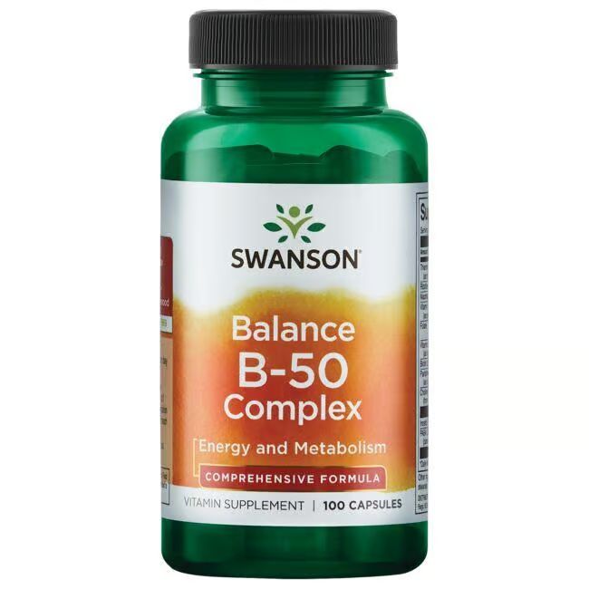 Grüne Flasche mit schwarzem Deckel. Etikett mit "SWANSON Balance B-50 Complex". Enthält 100 Kapseln.