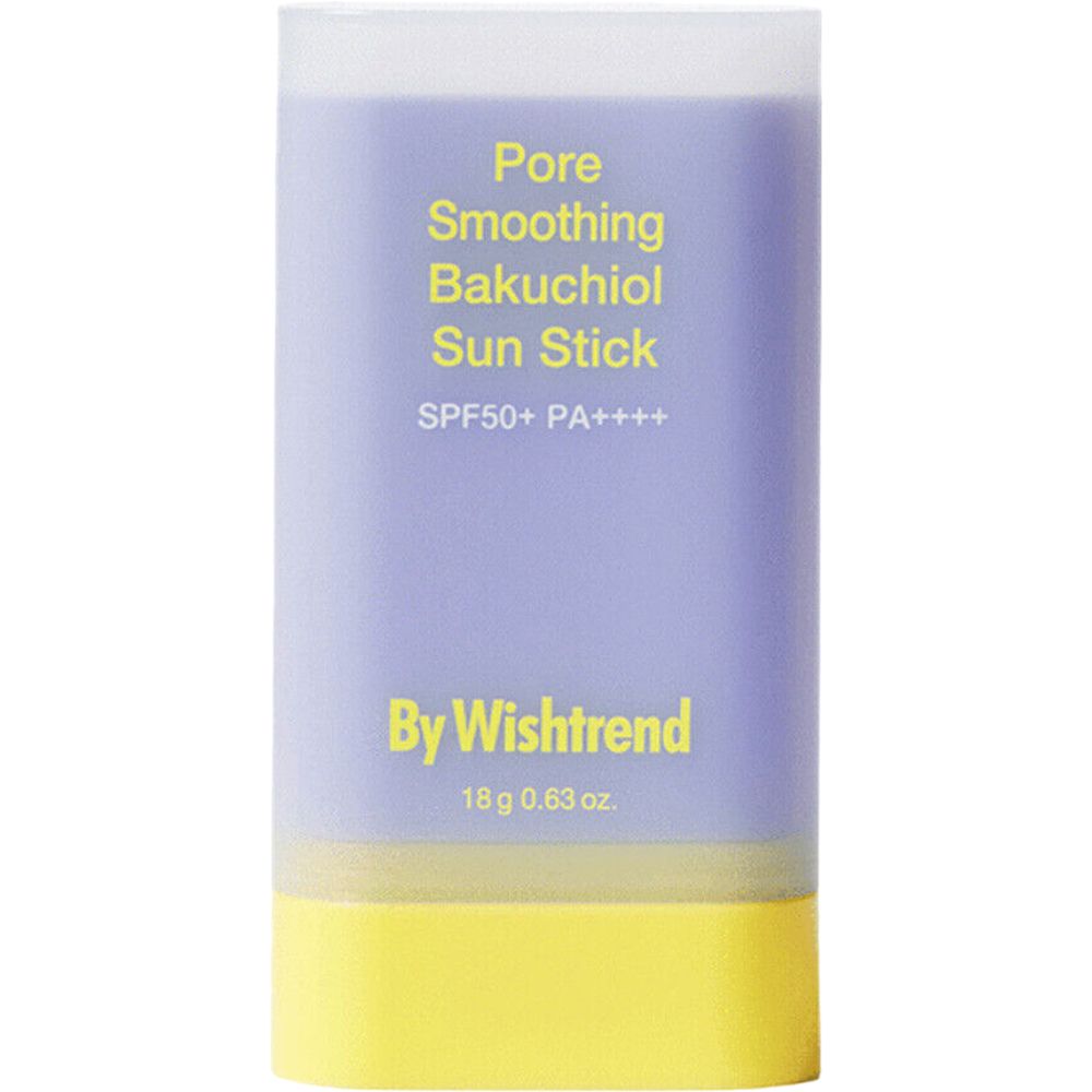 Lila-gelber Sonnenschutz-Stick. Text: Pore Smoothing Bakuchiol Sun Stick SPF50+ PA++++. Marke: By Wishtrend. 18 g 0.63 oz.