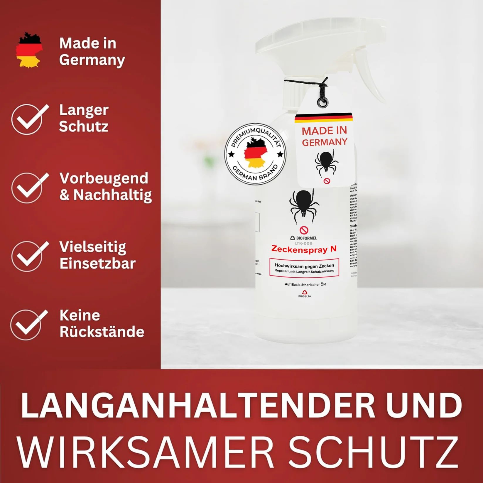 Weißes Spray mit Sprühkopf, Etikett mit Spinnen-Symbol und Aufschrift "Made in Germany". Logos und Text auf der Flasche.