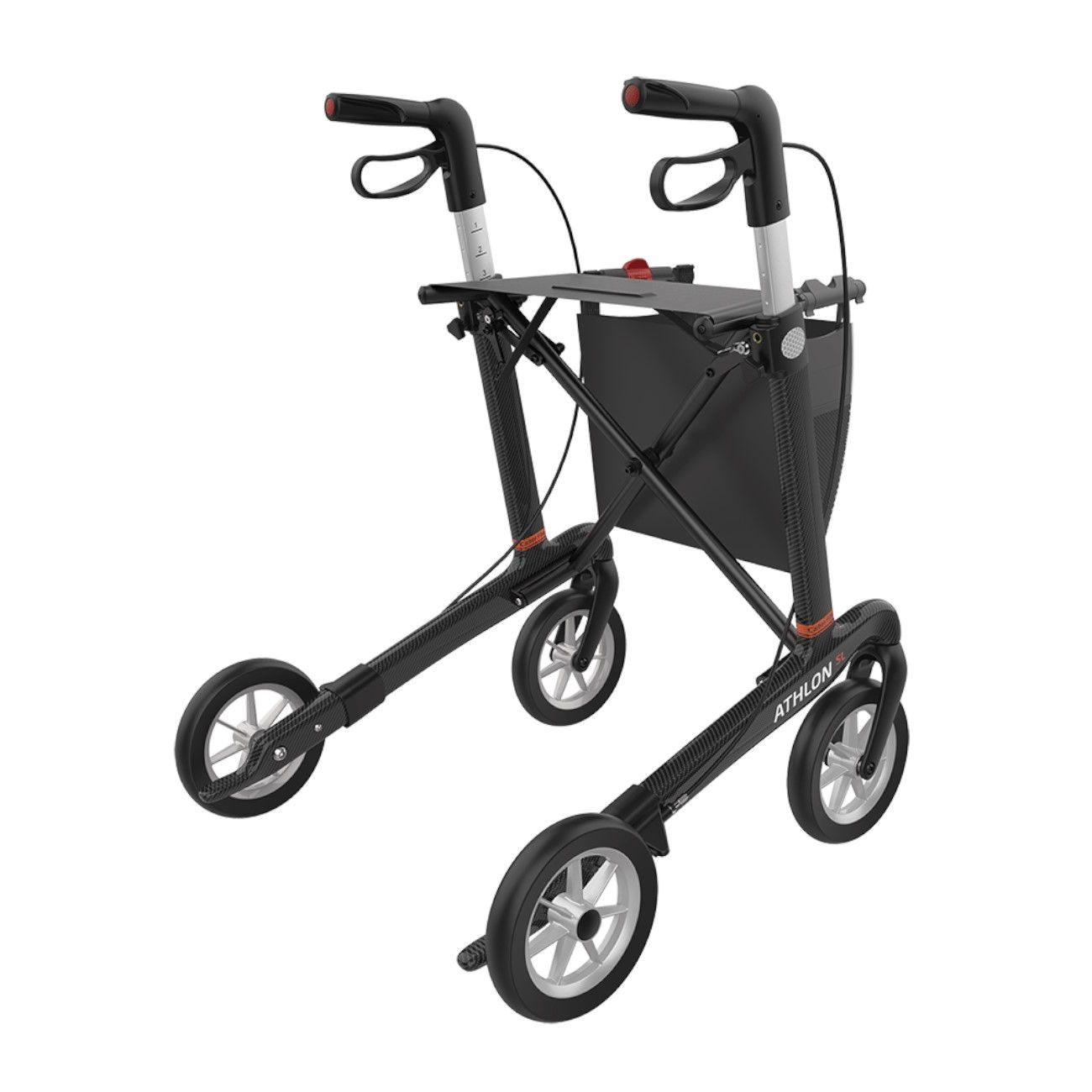 Rollator, schwarz, mit vier Rädern. Handgriffe, Korb und Bremsen. Athlon-Schriftzug.