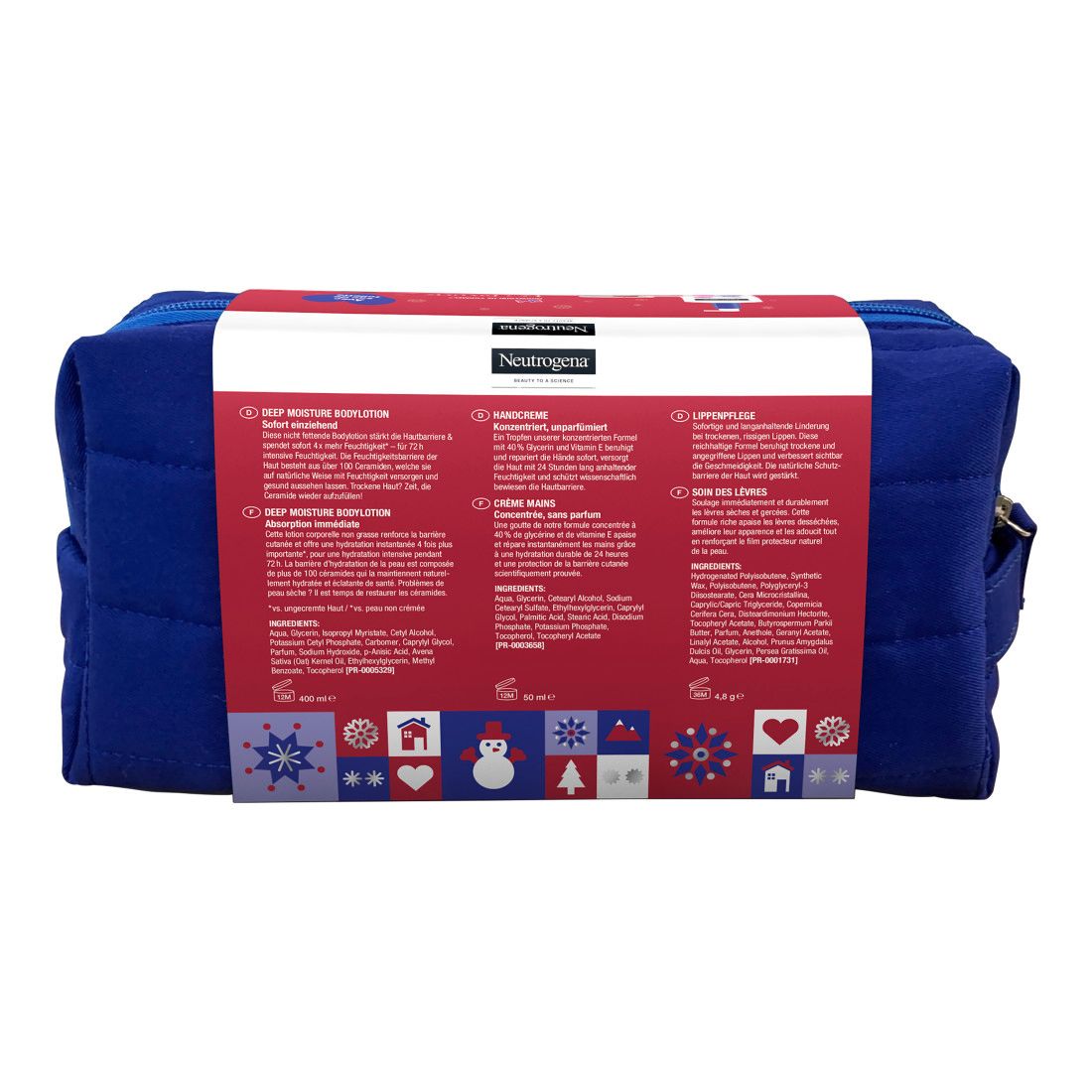 Rückseite der Geschenkset-Verpackung von Neutrogena. Text in mehreren Sprachen, Produktinformationen und dekorative Elemente.