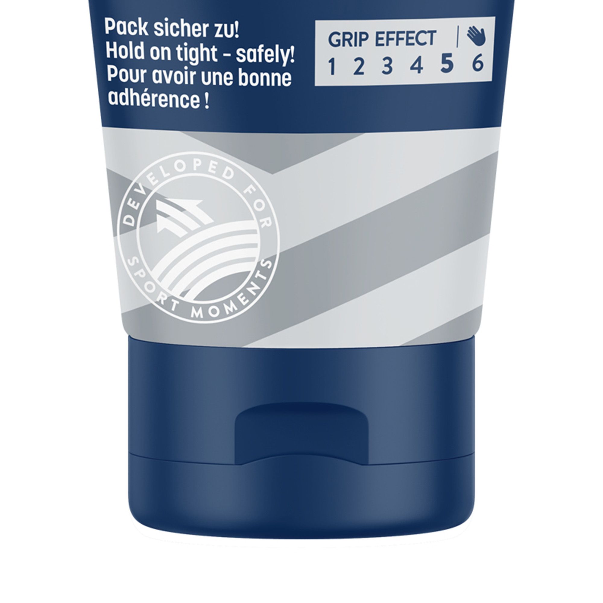 Detailansicht der Tube Sport Lavit Super Grip Creme. Blaue Tube mit Text und Grip Effect-Skala. Text in Deutsch, Englisch, Französisch.