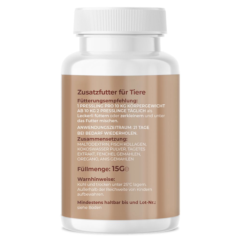 Braune Tablettenflasche mit weißem Deckel. Text: Zusatzfutter für Tiere, Fütterungsempfehlung, Inhaltsstoffe, Füllmenge: 15g.