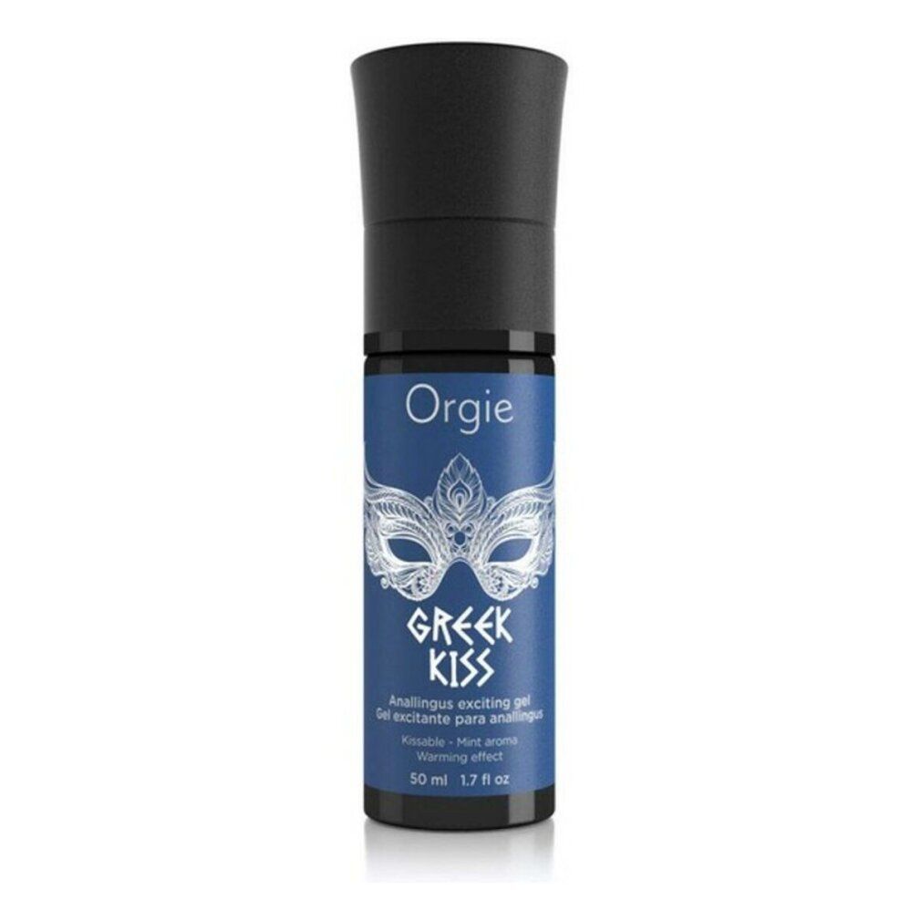 Blaue Flasche mit schwarzem Deckel. Aufschrift "Orgie Greek Kiss". Enthält ein Anal-Gel. Mit Masken-Design. 50 ml.