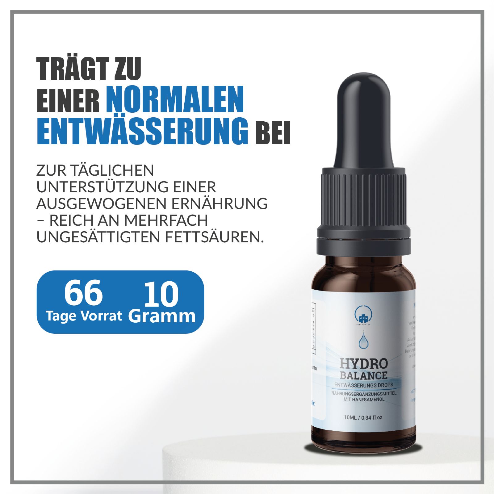 Braune Flasche mit Tropfer. Text: Trägt zu normaler Entwässerung bei. 66 Tage Vorrat. Hydro Balance Drops.