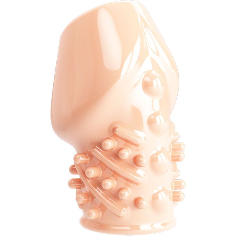 Fleischfarbene, zylindrische Hülle mit texturierter Oberfläche. Oben abgeschrägt, unten mit Noppen und Rippen.