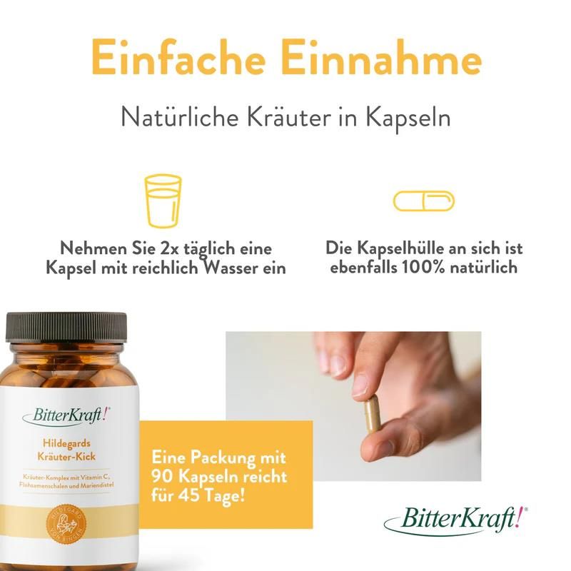Produktflasche neben Text und Kapsel. Text: Natürliche Kräuter in Kapseln. 90 Kapseln für 45 Tage.