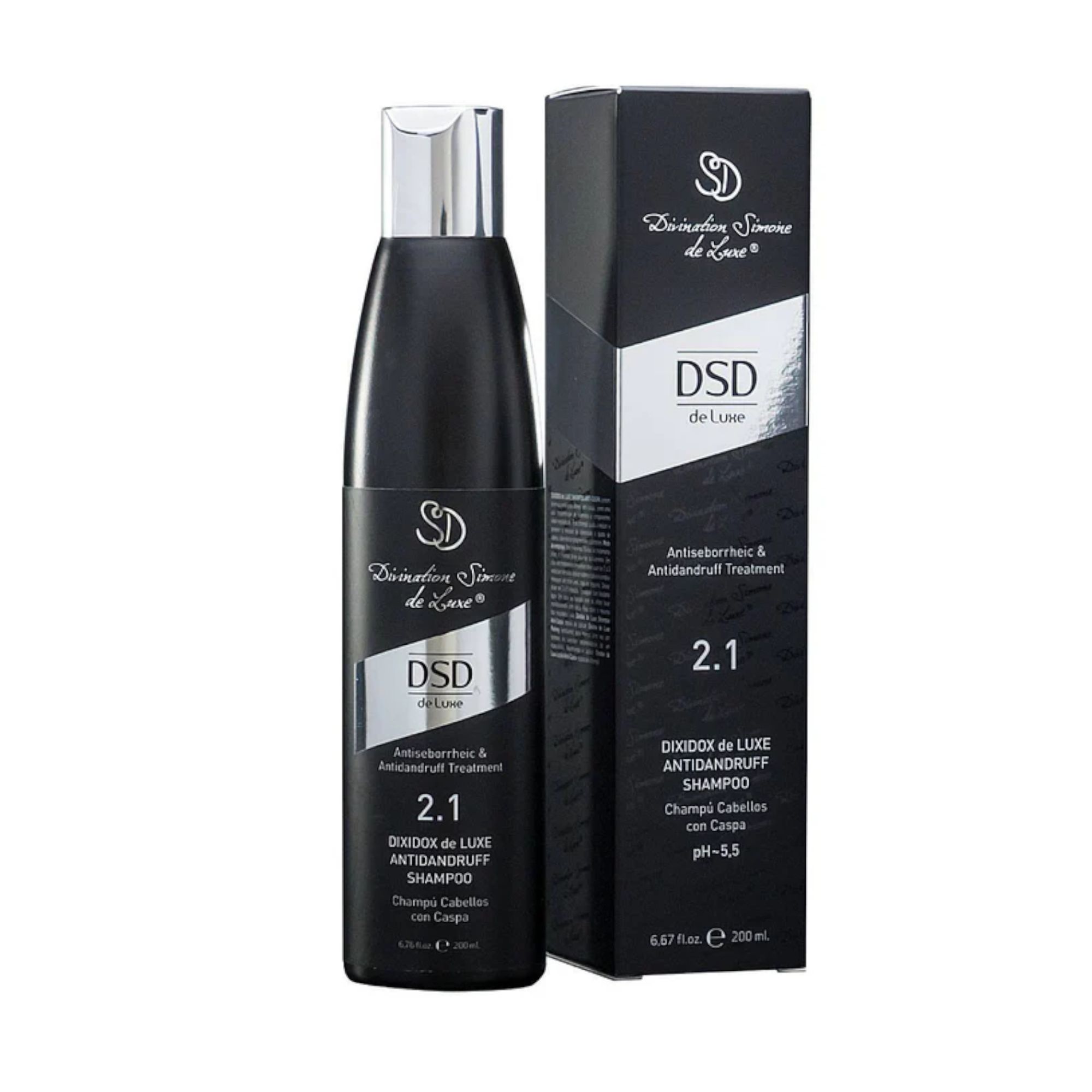 Schwarze Shampoo-Flasche und Schachtel. Aufschrift: DSD de Luxe 2.1 Anti-Schuppen Shampoo. Silberne Akzente.