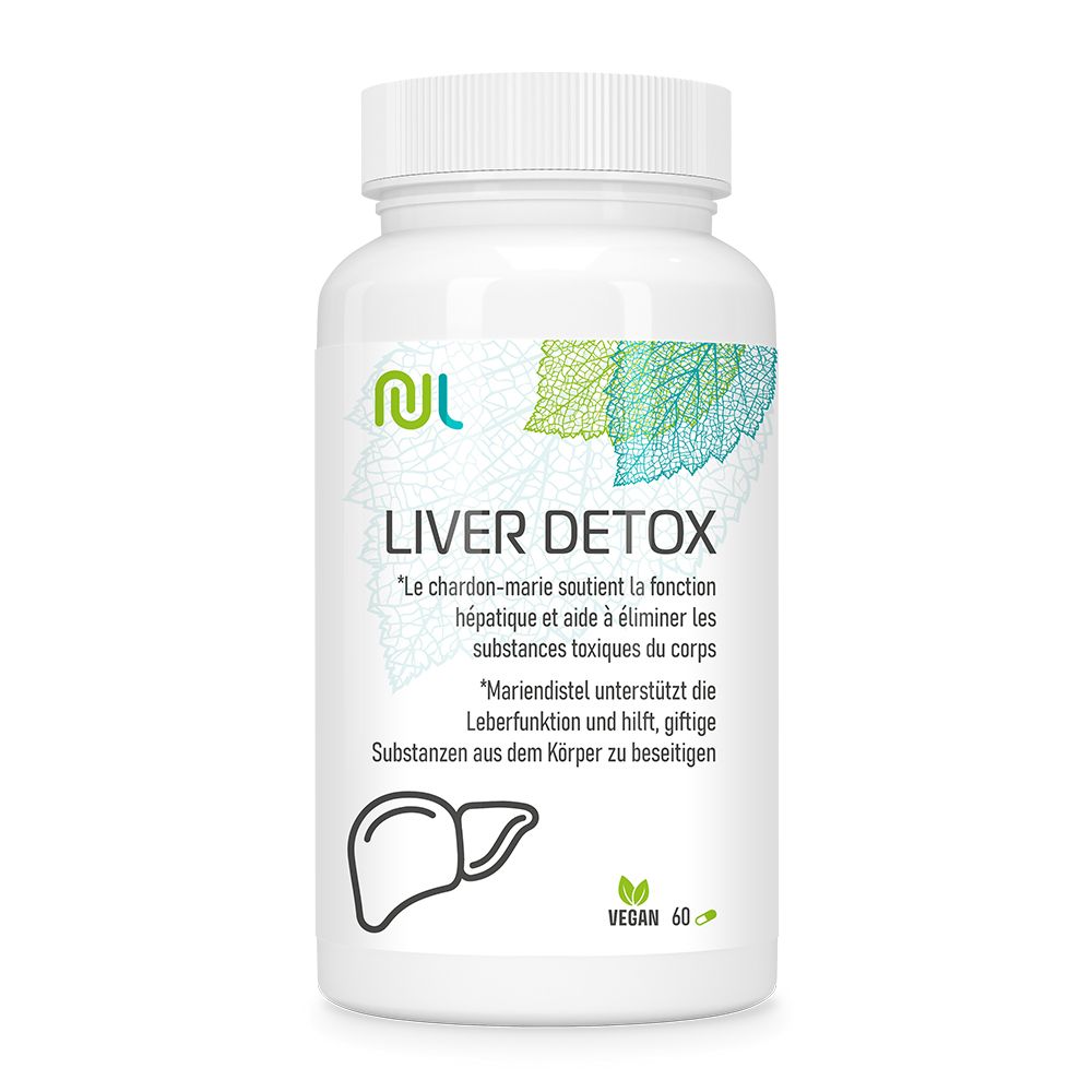NutriLife Liver Detox Kapselbehälter mit Mariendistel- und Artischocken-Symbolen.