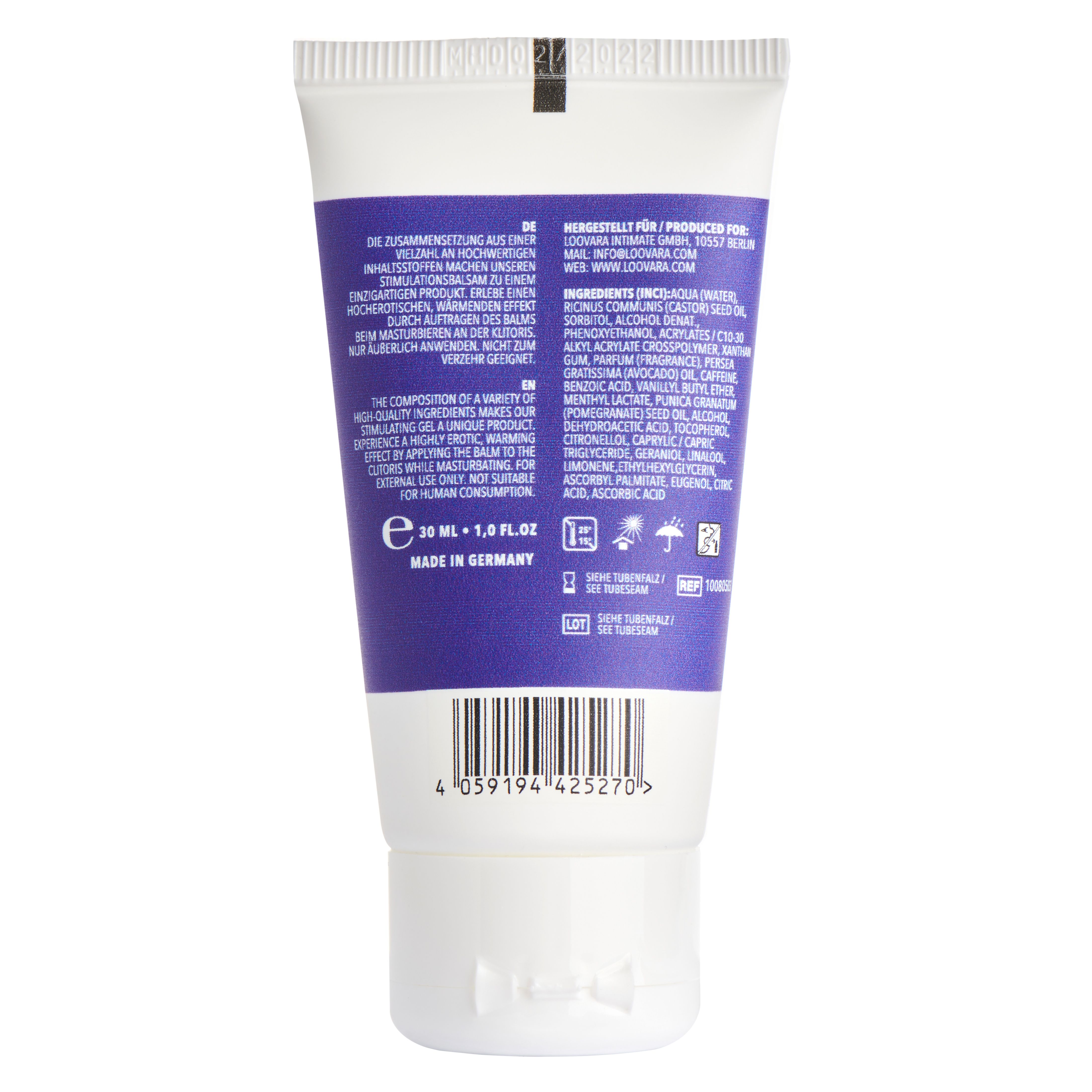 Rückseite der Tube. Text in Deutsch und Englisch. Inhaltsstoffe, Herstellerinformationen, Barcode und Qualitätssiegel.